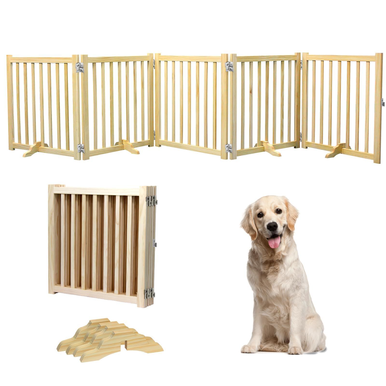 HEEOREV 木製ペットゲート ペットゲート 犬用ゲート ベビーゲート 303cmx60cm （5枚パネル） （木の色）折り畳み式ゲート 柵 犬 ゲート 安全柵 猫 ドアフェンス 猫 大型犬 脱走防止 軽量 ペット保護 取り付け簡単 場所を取らない 収納しや