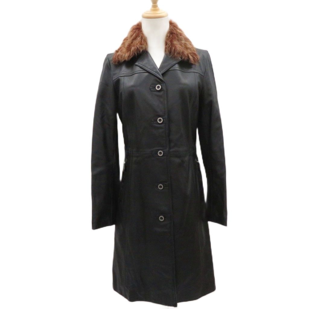 バーバリーブルーレーベル BURBERRY BLUE LABEL ラムレザーコート ロング丈 38 黒 ブラック ファー襟 /YS32 ■GY74