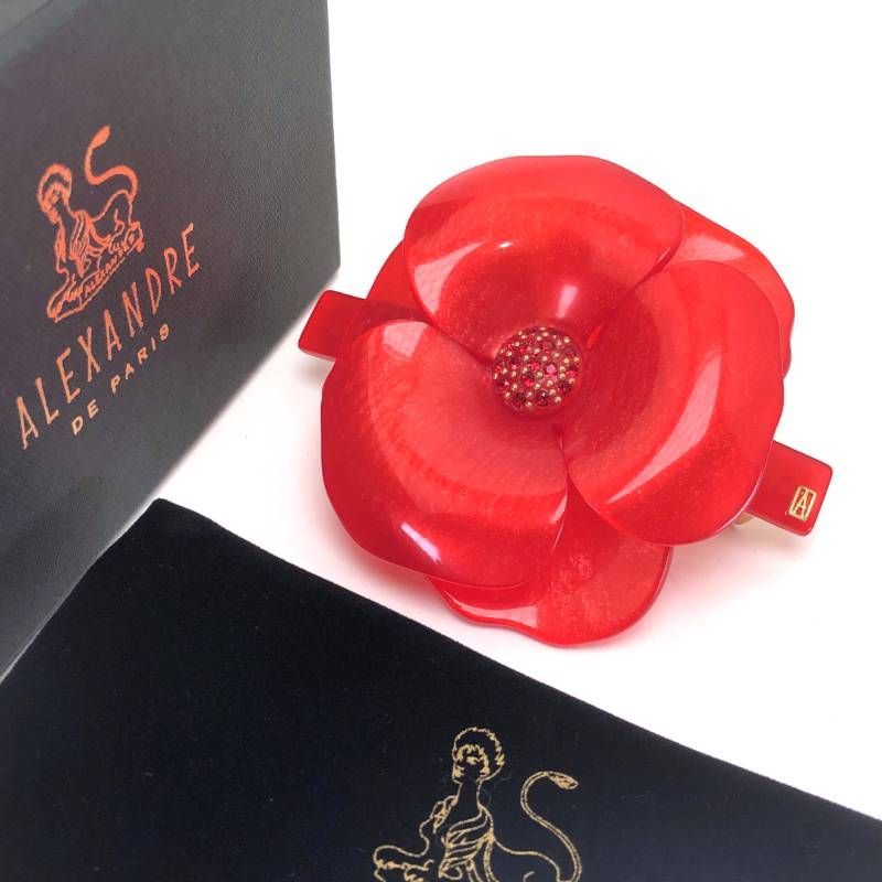 【美品・箱・保管袋付き】ALEXANDRE DE PARIS アレクサンドルドゥパリ／カメリア バレッタ ／レッド・パール／アセテート／レッド