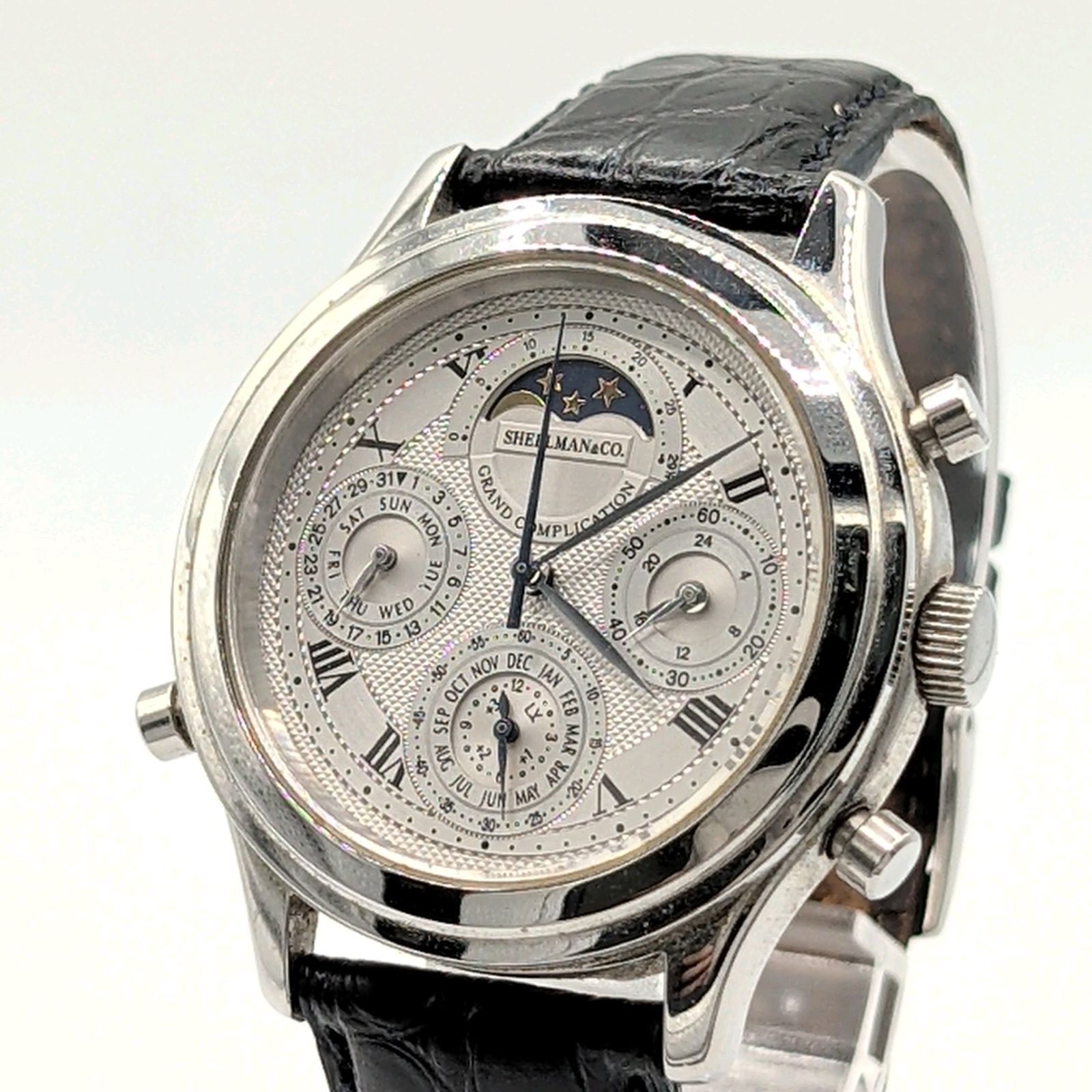 SHELMAN ＆ Co Watch Quartz Chronograph Men's Gold Moon face DayDate シェルマン クロノグラフ 時計 クオーツ メンズ ラウンド シルバー 文字盤 ムーンフェイス デイデイト 稼働品