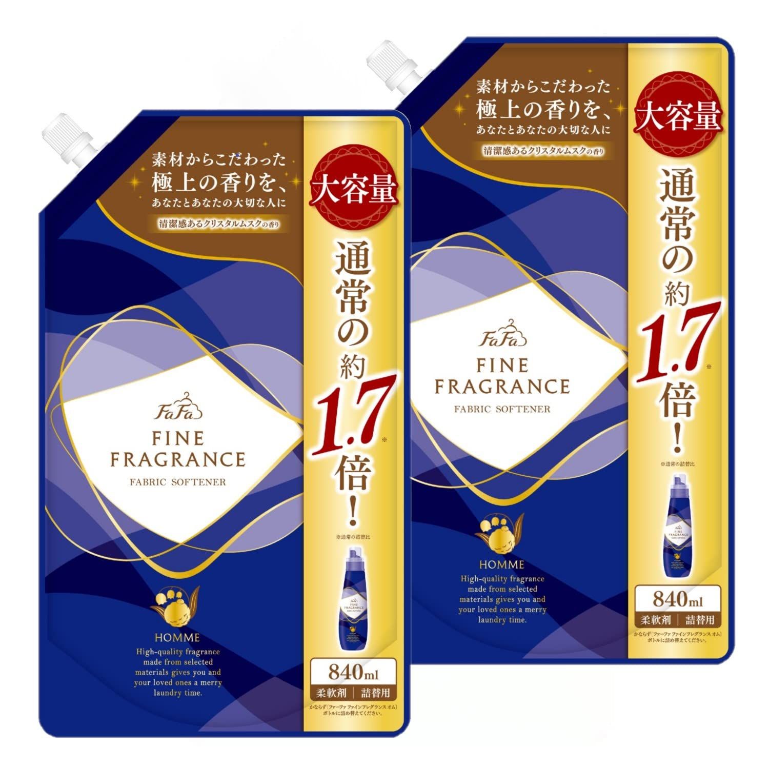 【まとめ買い】 ファーファ ファインフレグランス 柔軟剤 オム 840ml 大容量 詰替 クリスタルムスクの香り ×2個セット [840ml ×2個]