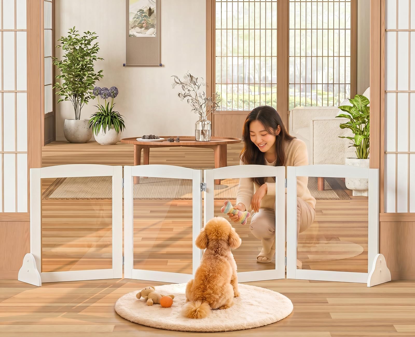 Snughome ペットゲート ペットフェンス 折り畳み式ゲート 置くだけ 犬用ゲート自立型ゲート柵 犬 ゲート 安全柵 小型犬 脱走防止 犬フェンス 室内用 ペット飛び出し防止柵 ペット用家具フェンス 多頭飼い ペットフェンス 木製フレーム アクリルパネル