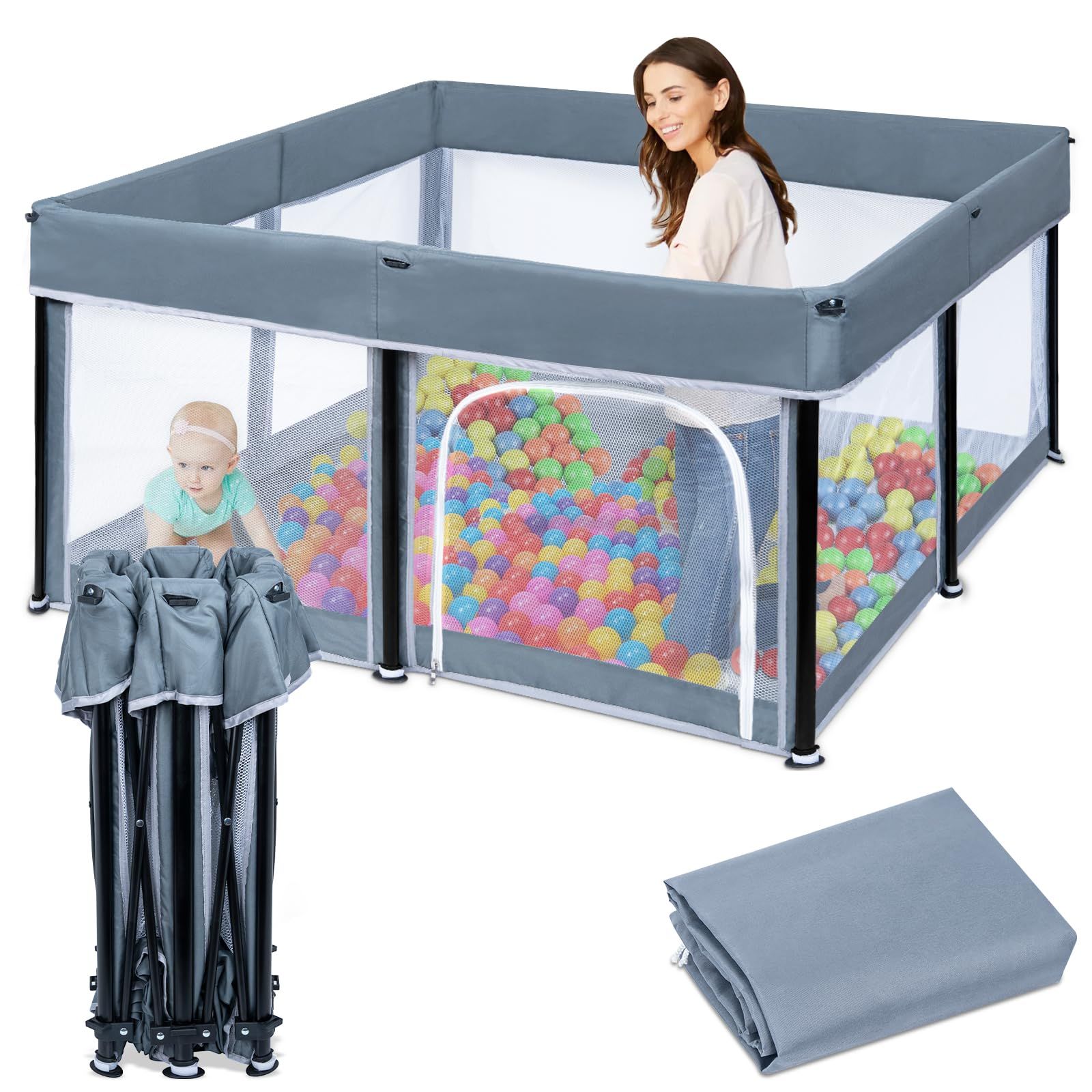 BQKOZFIN ベビーサークル 127x127x65cm 正方形 コンパクト 折りたたみ可能 扉付き 大型 baby playpen プレイヤード 滑り止め吸盤 メッシュタイプ 洗濯可能 子供、ペットが利用可能 収納バッグ付き 室内外対応 子供 軽量