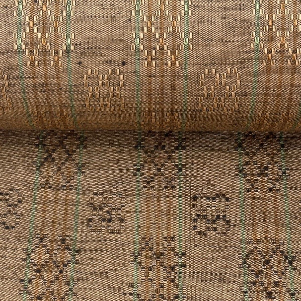 反物 名品 紬 琉里縞 証紙 縞 幾何学 花織 茶色 正絹 【中古】 反物 名品 紬 琉里縞 証紙 縞 幾何学 花織 茶色 正絹 【中古】