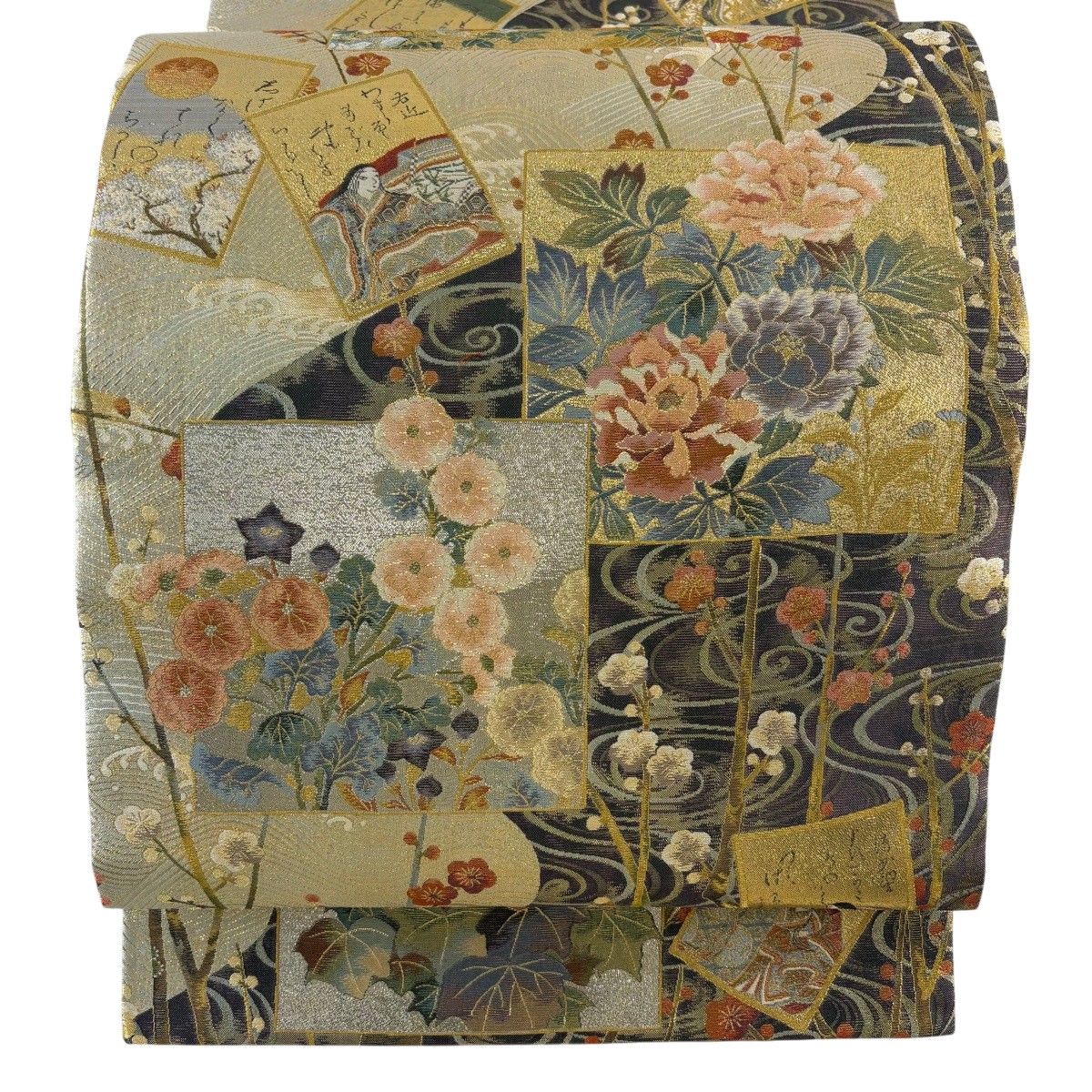 【美品】 丸帯 名品 色紙 草花 金銀糸 箔 金色 お太鼓柄 正絹 【中古】