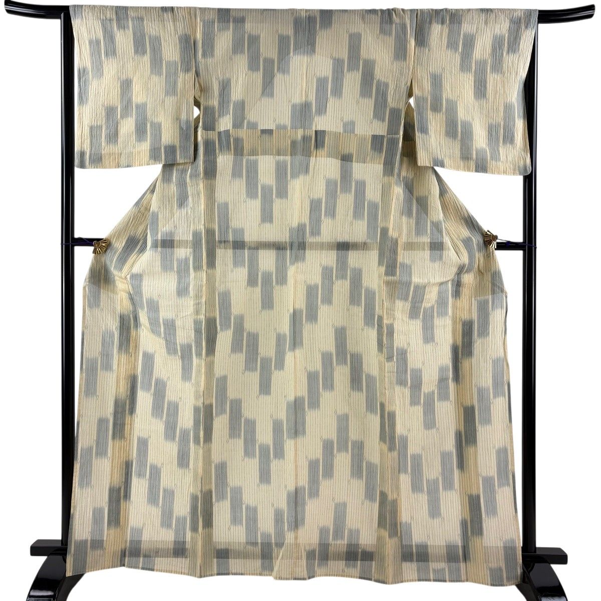 紬 身丈164cm 裄丈64cm M 薄物 夏紬 縞 幾何学模様 ベージュ 麻 名品 【中古】