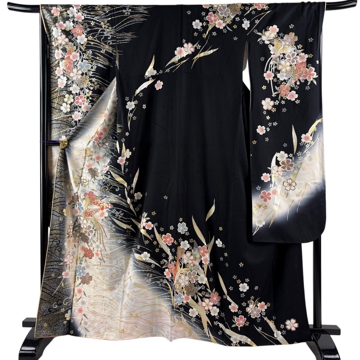 振袖 身丈164.5cm 裄丈68cm L 袷 落款 尾長鳥 草花 金銀彩 ぼかし 黒