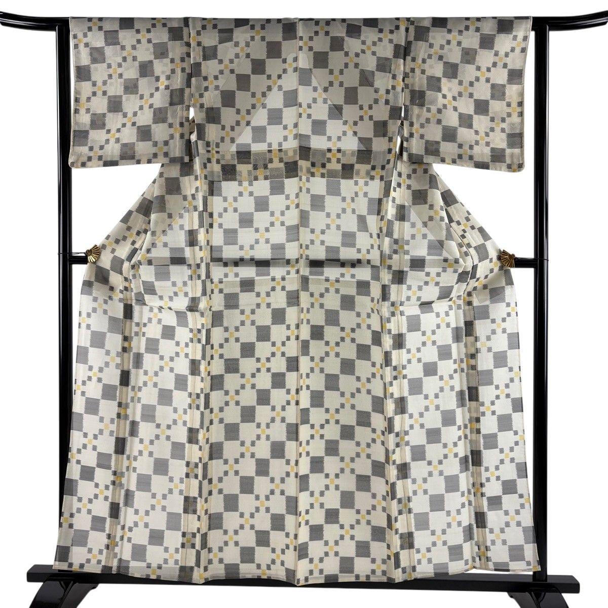 紬 身丈159cm 裄丈63cm S 薄物 夏紬 変わり市松 クリーム 正絹 名品 【中古】