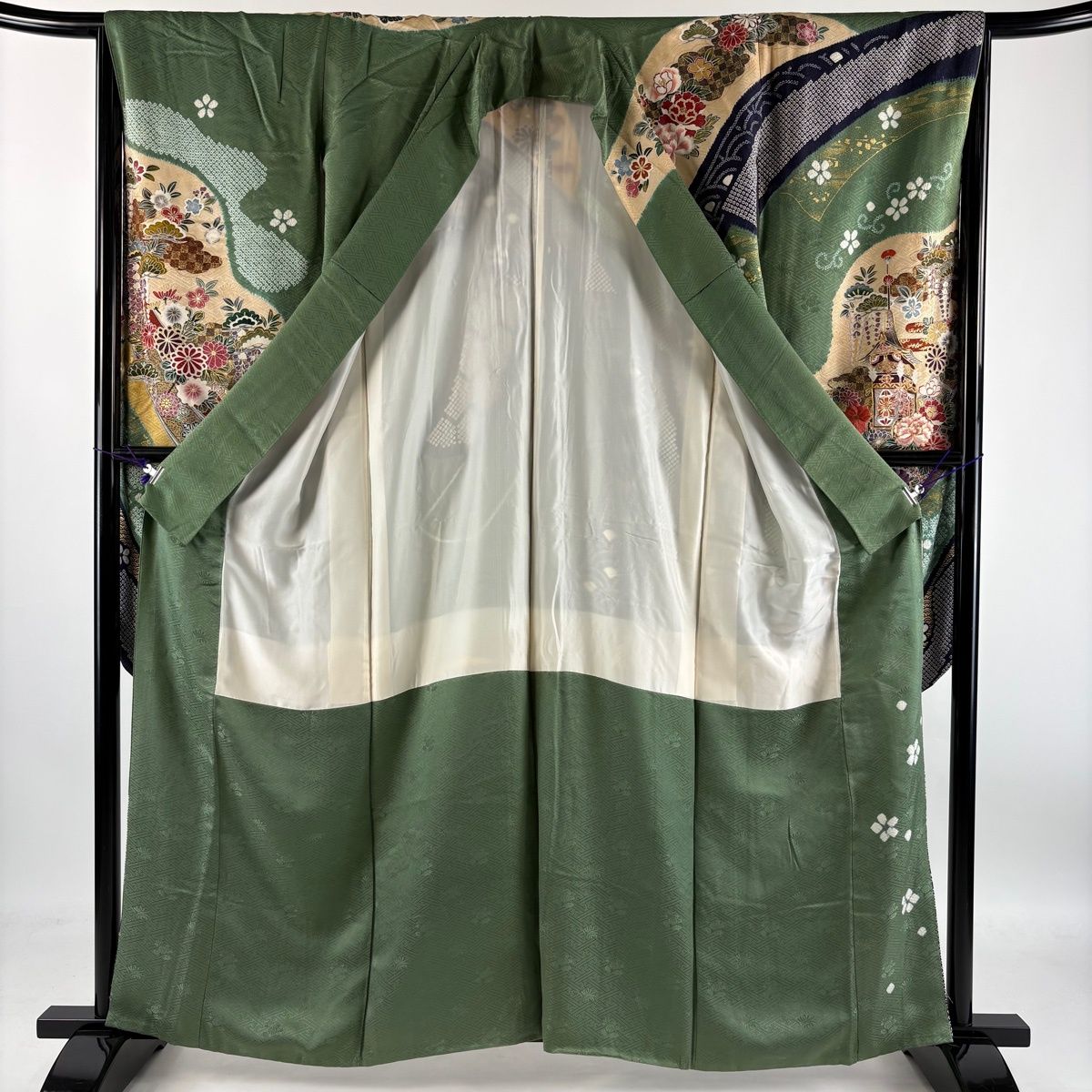 振袖 身丈159.5cm 裄丈65.5cm M 袷 山鉾 牡丹 刺繍 金糸 緑 正絹 秀品
