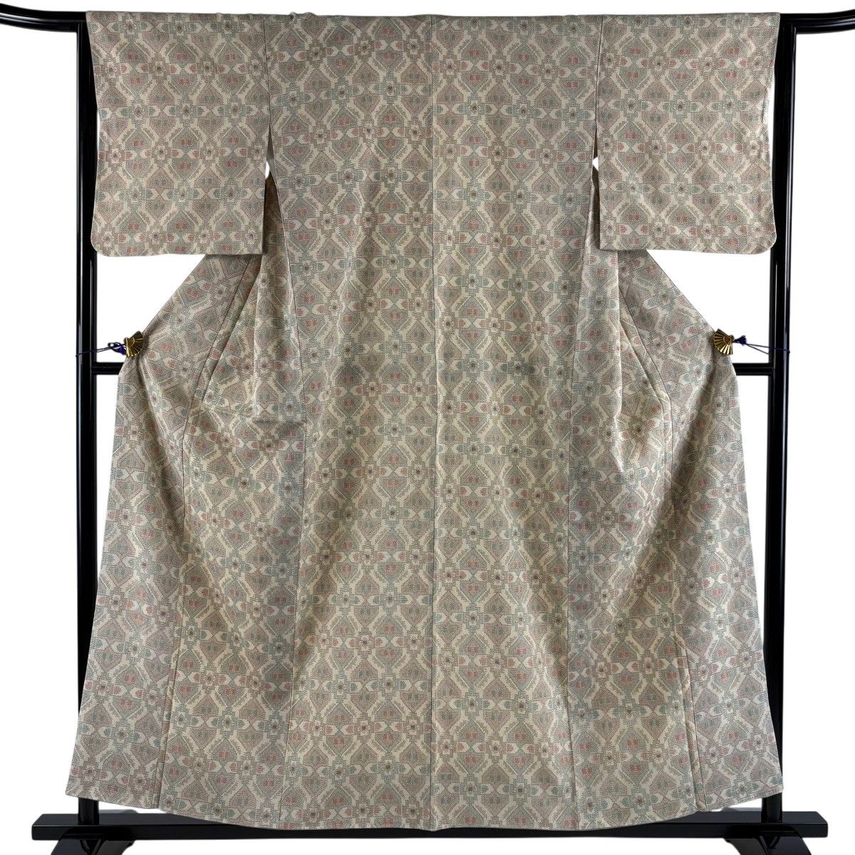 【美品】 紬 身丈156.5cm 裄丈64.5cm M 袷 幾何学 ベージュ 正絹 秀品 【中古】