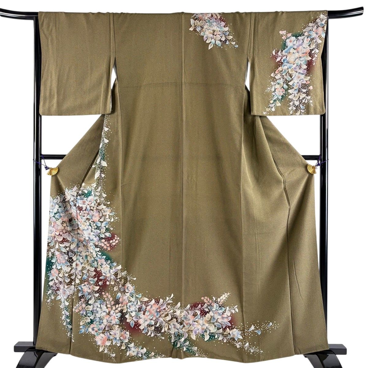 美品】 訪問着 身丈161cm 裄丈66cm M 袷 辻が花柄 ぼかし 茶緑色 正絹