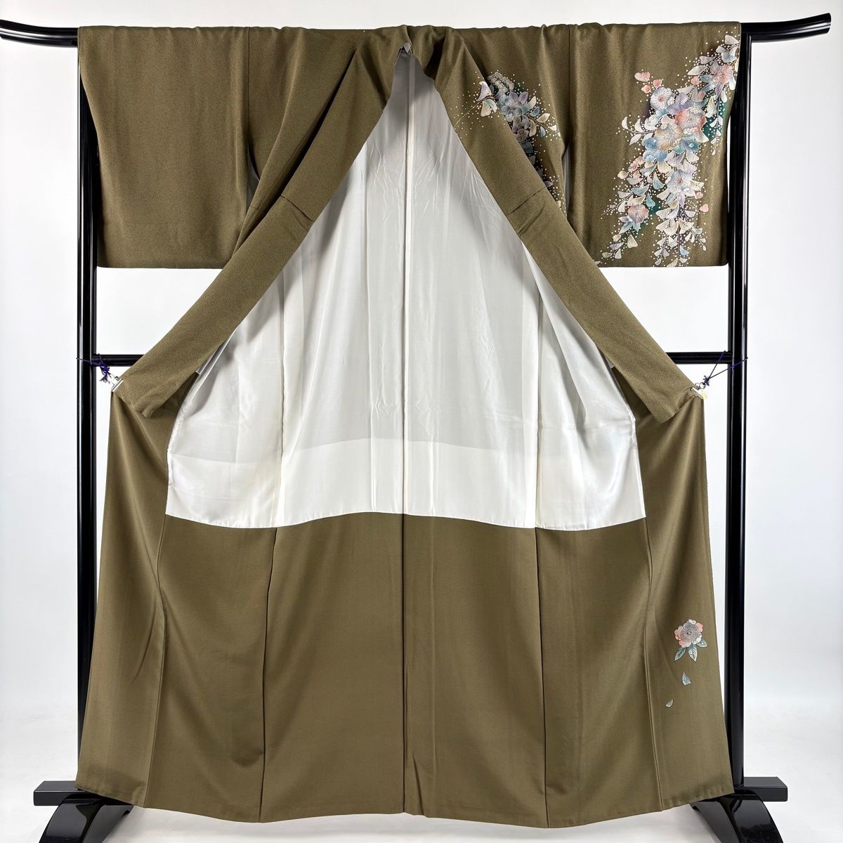 美品】 訪問着 身丈161cm 裄丈66cm M 袷 辻が花柄 ぼかし 茶緑色 正絹