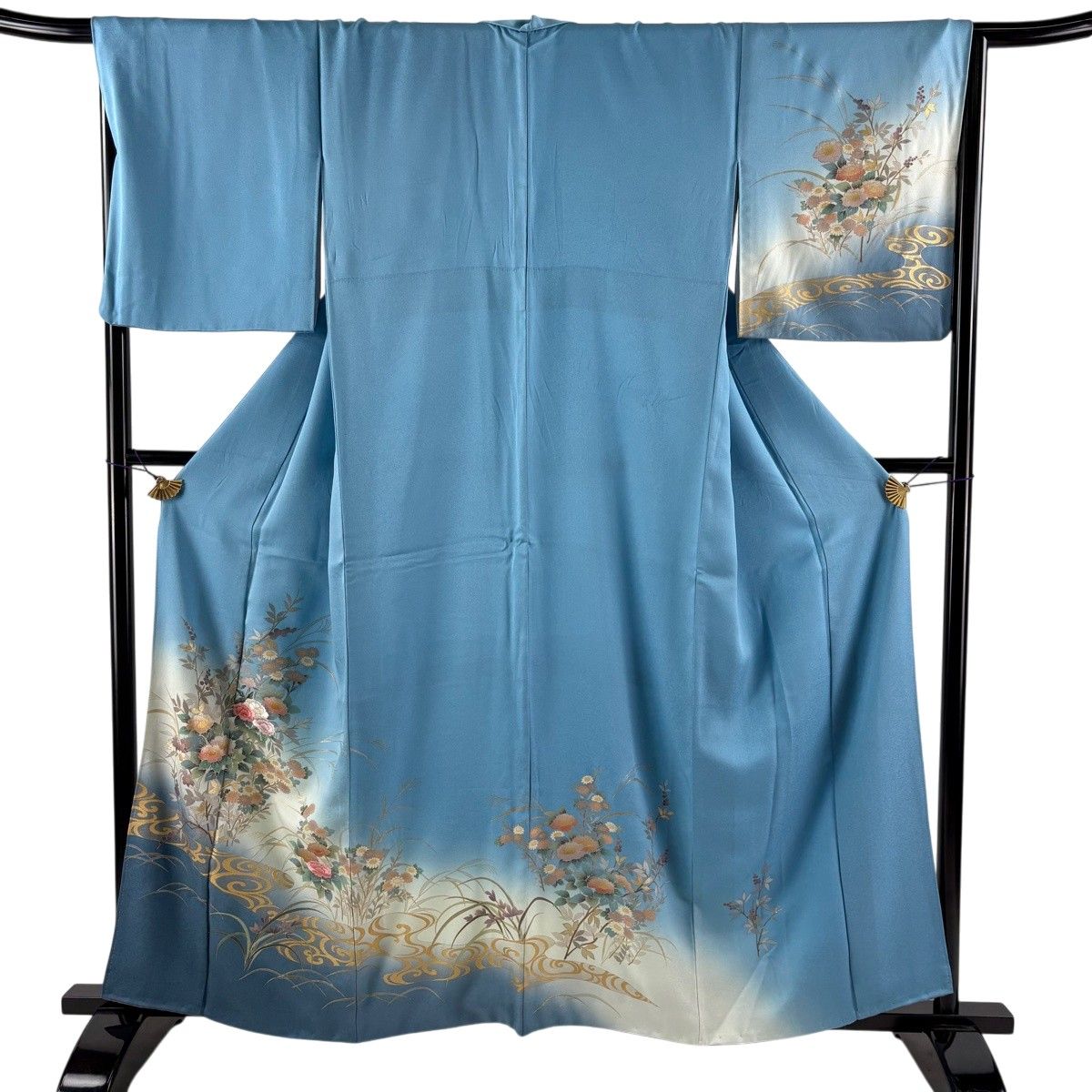 未着用に近い！単衣＊水色＆春秋花＊金駒刺繡入り＊高級＊訪問着＊１６０ｃｍ＊裄６８ 訪問着 身丈160cm 裄丈67.5cm L 袷 草花 流水 刺繍 金銀彩 水色 正絹