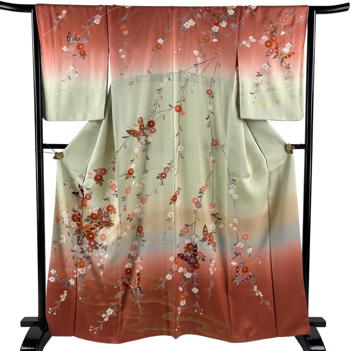訪問着 身丈164cm 裄丈65cm M 袷 枝垂れ桜 蝶 金糸 金銀彩 茜色 正絹