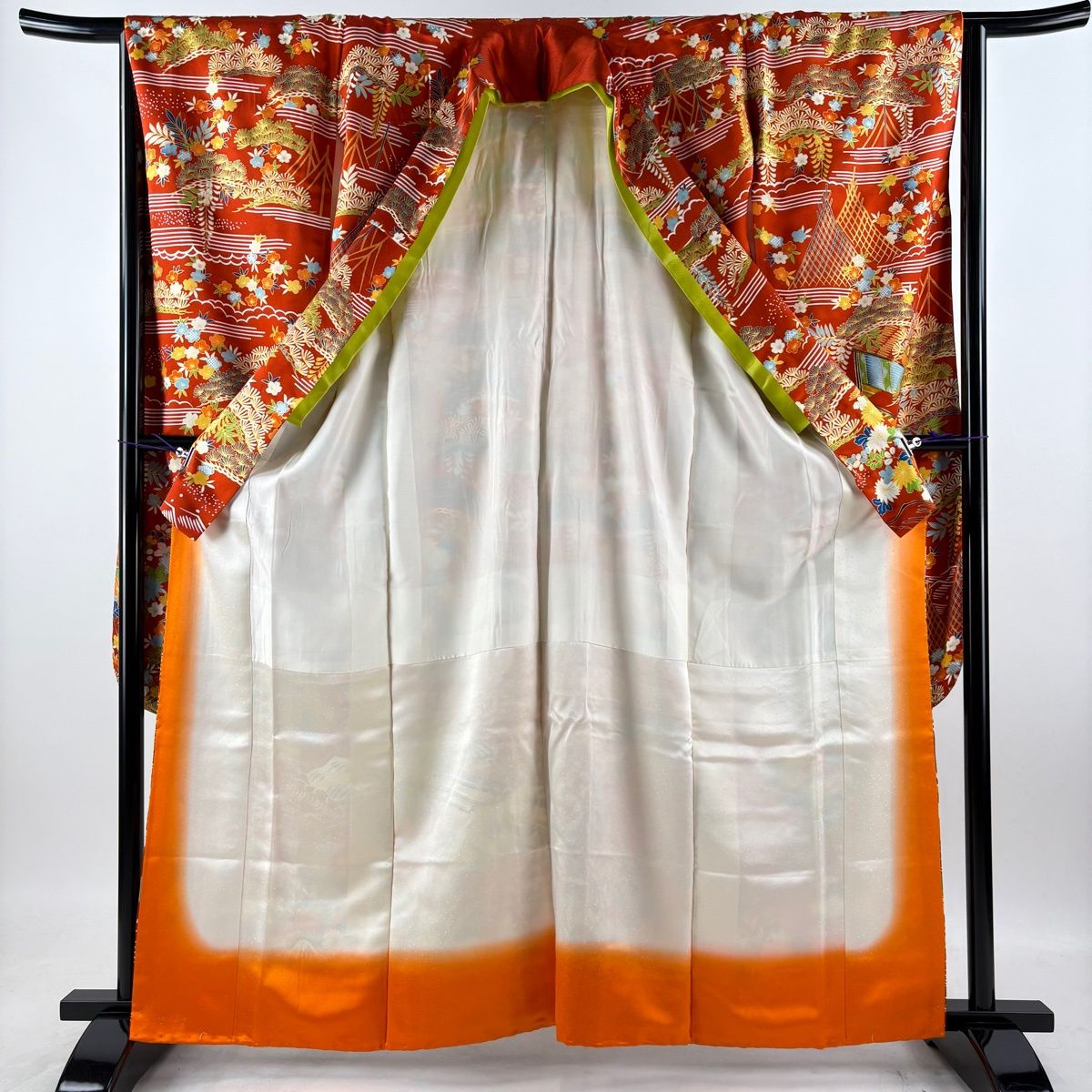 振袖 身丈162cm 裄丈64.5cm M 袷 草花 建物 金糸 金彩 朱色 正絹 秀品