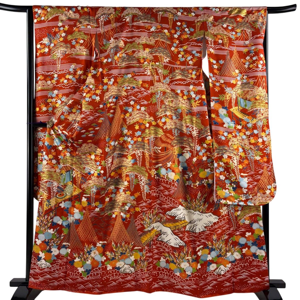 振袖 身丈162cm 裄丈64.5cm M 袷 草花 建物 金糸 金彩 朱色 正絹 秀品