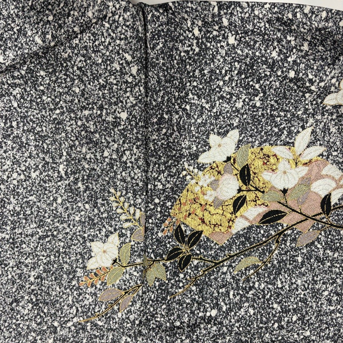 訪問着 身丈166.5cm 裄丈66cm M 袷 扇面 草花 金彩 ぼかし 黒灰 正絹