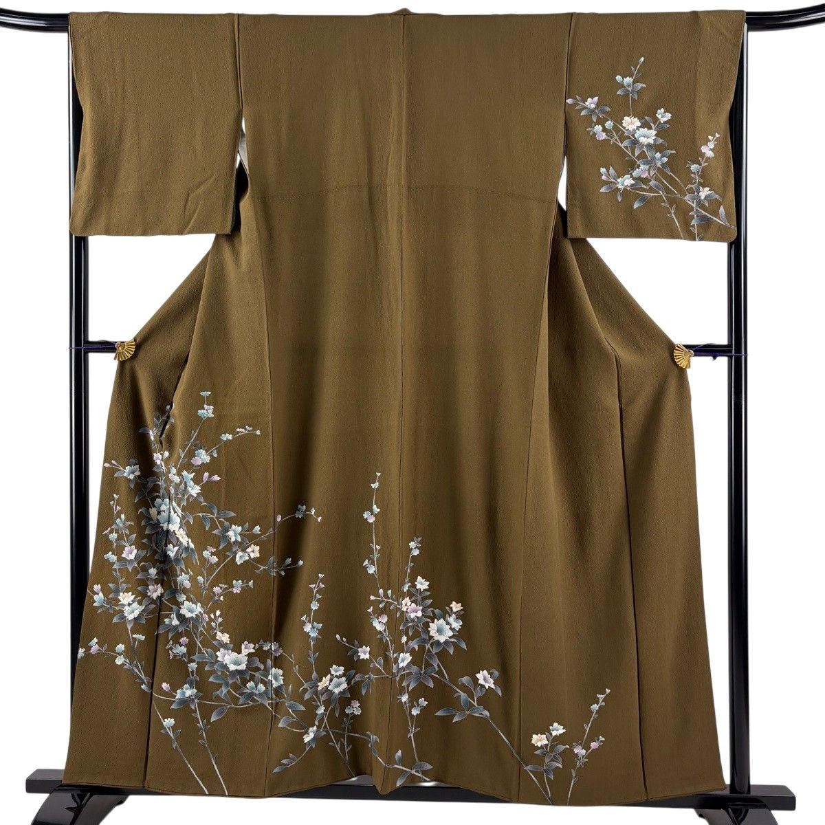 訪問着 身丈155cm 裄丈67cm M 袷 草花 金彩 茶緑色 正絹 秀品 【中古
