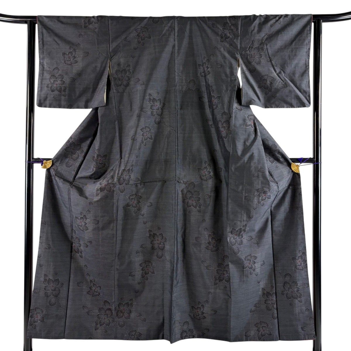 【美品】 大島紬 身丈154cm 裄丈62cm S 袷 証紙 枝花 墨色 正絹 秀品 【中古】