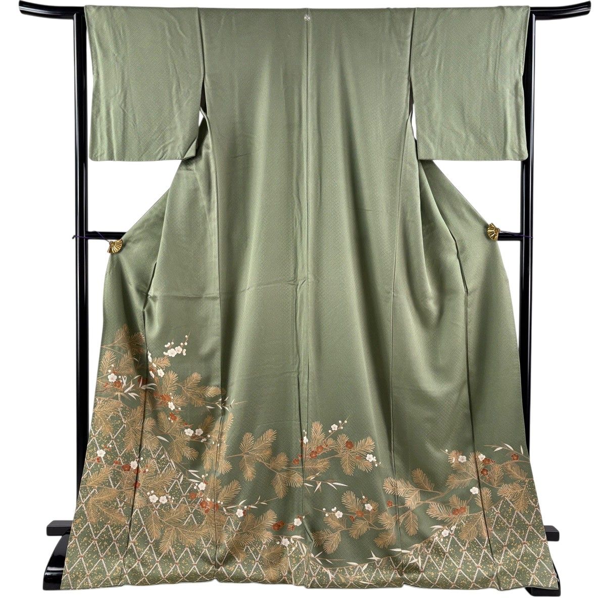 色留袖 身丈173.5cm 裄丈64cm M 袷 松梅 斜め格子 金糸 金彩 灰緑 正絹