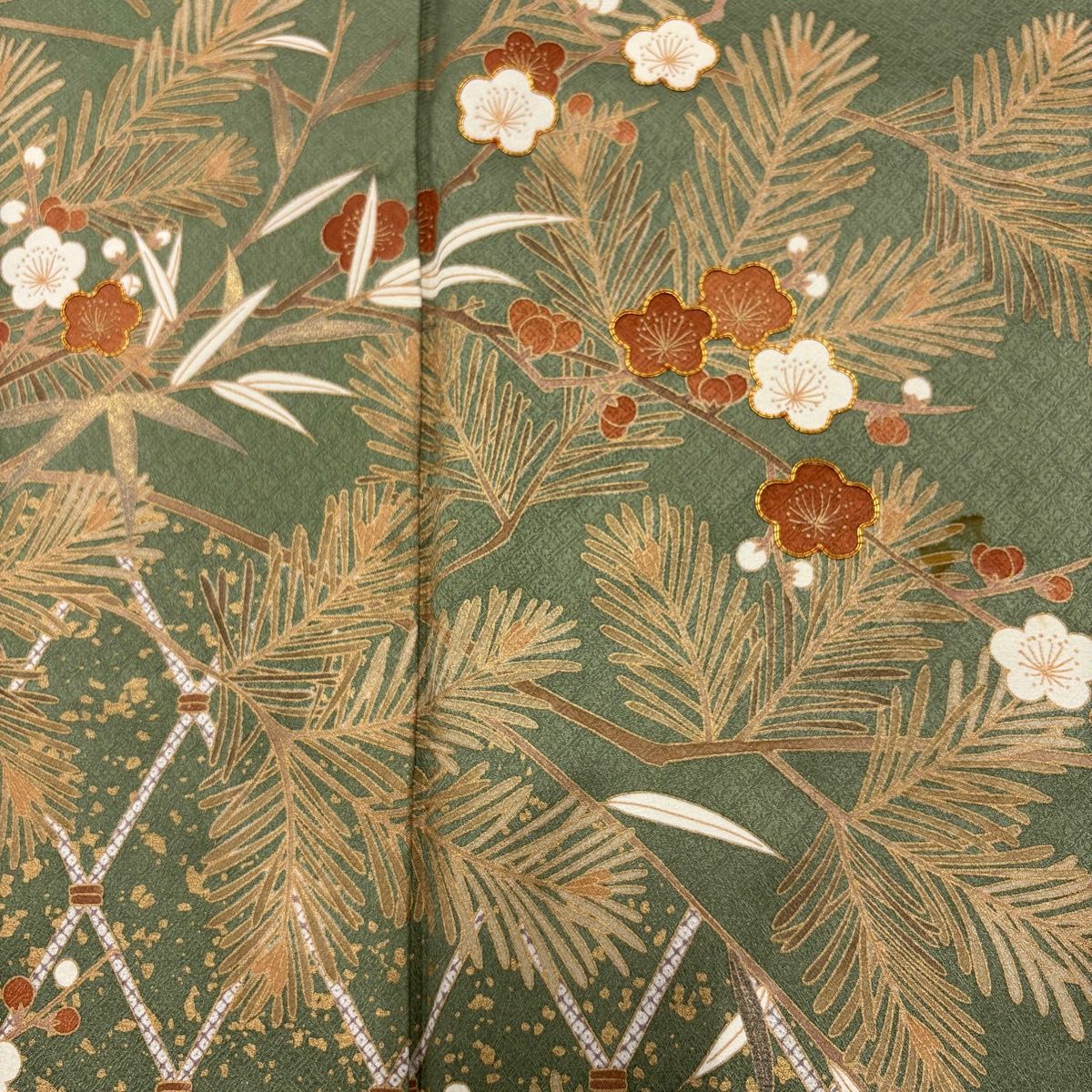 色留袖 身丈173.5cm 裄丈64cm M 袷 松梅 斜め格子 金糸 金彩 灰緑 正絹