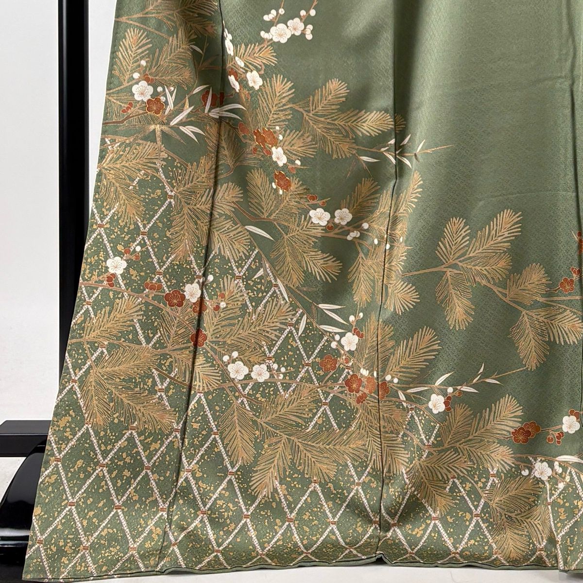 色留袖 身丈173.5cm 裄丈64cm M 袷 松梅 斜め格子 金糸 金彩 灰緑 正絹
