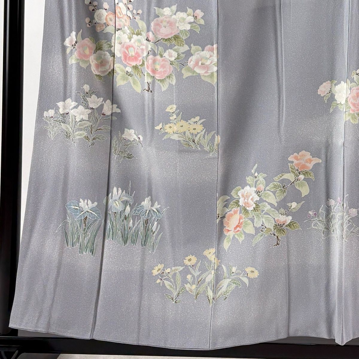 訪問着 身丈156.5cm 裄丈63cm S 袷 椿 草花 ぼかし 青灰色 正絹 秀品 