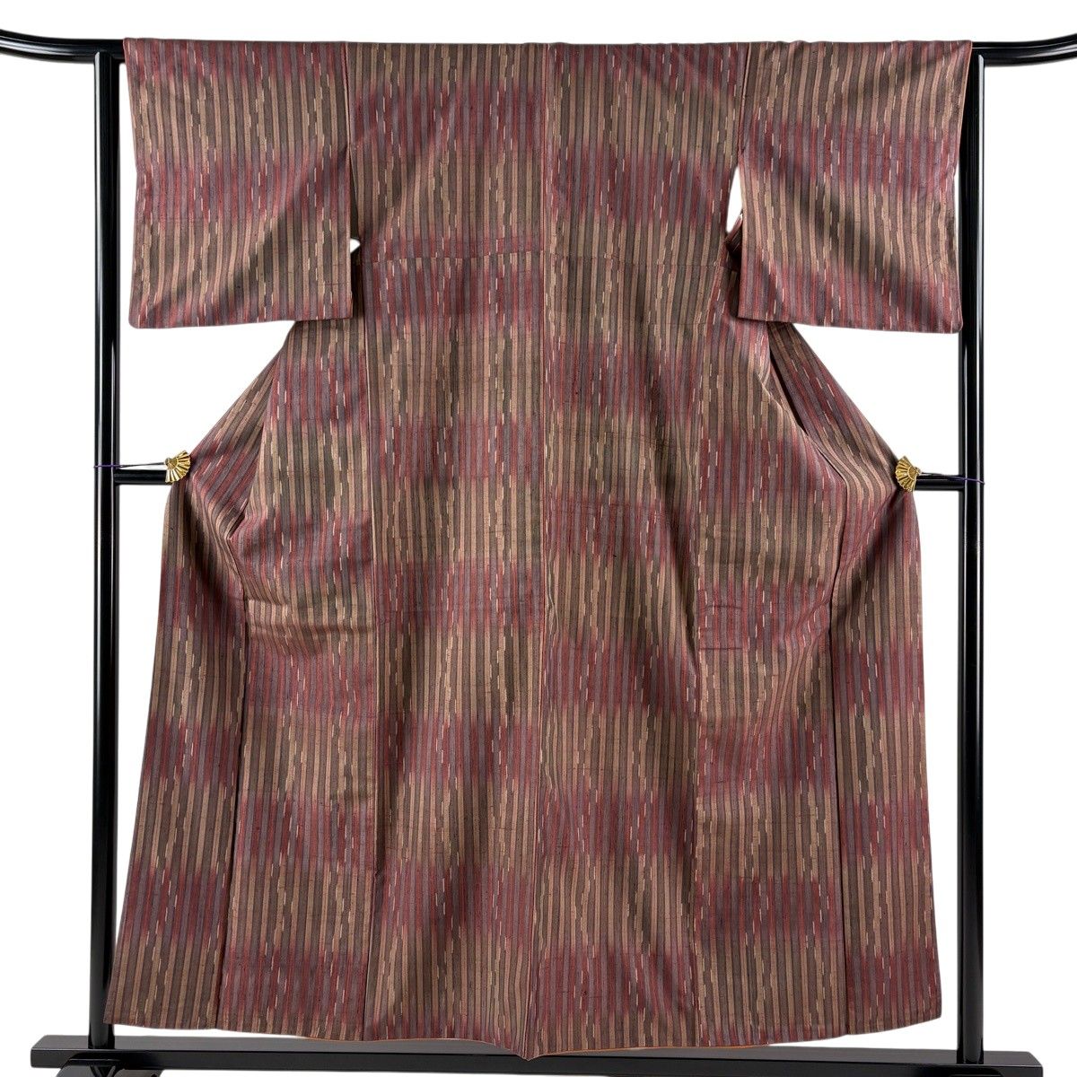 【美品】 紬 身丈154.5cm 裄丈63cm S 袷 縦縞 幾何学模様 茶紫 正絹 秀品 【中古】