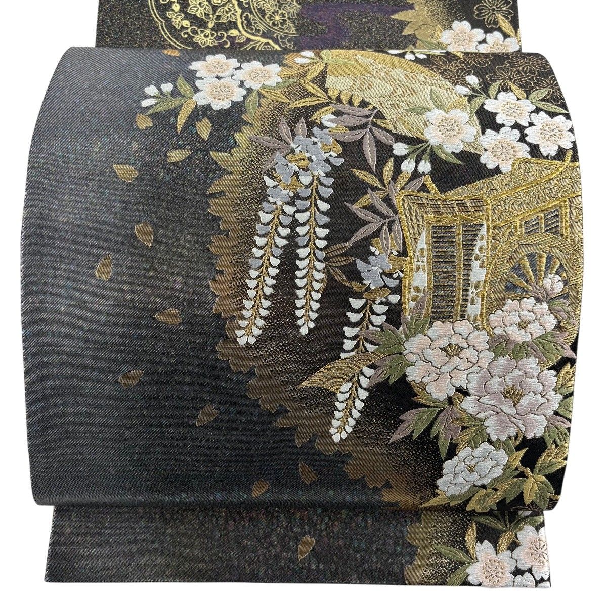 袋帯 秀品 御所車 草花 金糸 箔 灰色 お太鼓柄 正絹 【中古】 - メルカリ