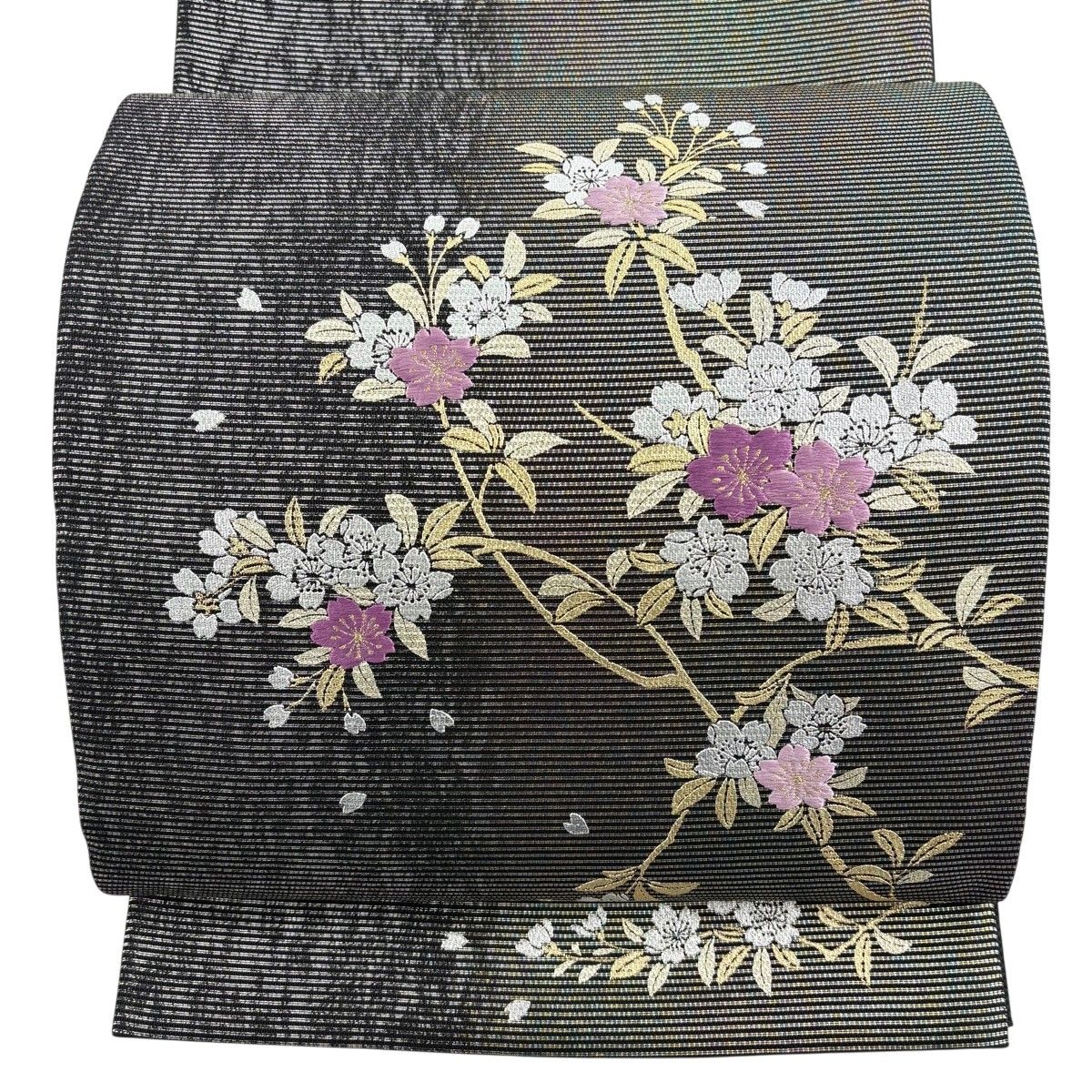 夏目　No.2521 正絹桜の花びら市松箔袋帯　美品 美品】 袋帯 秀品 夏帯 絽 桜 花びら 金銀彩 箔 黒 お太鼓柄 正絹
