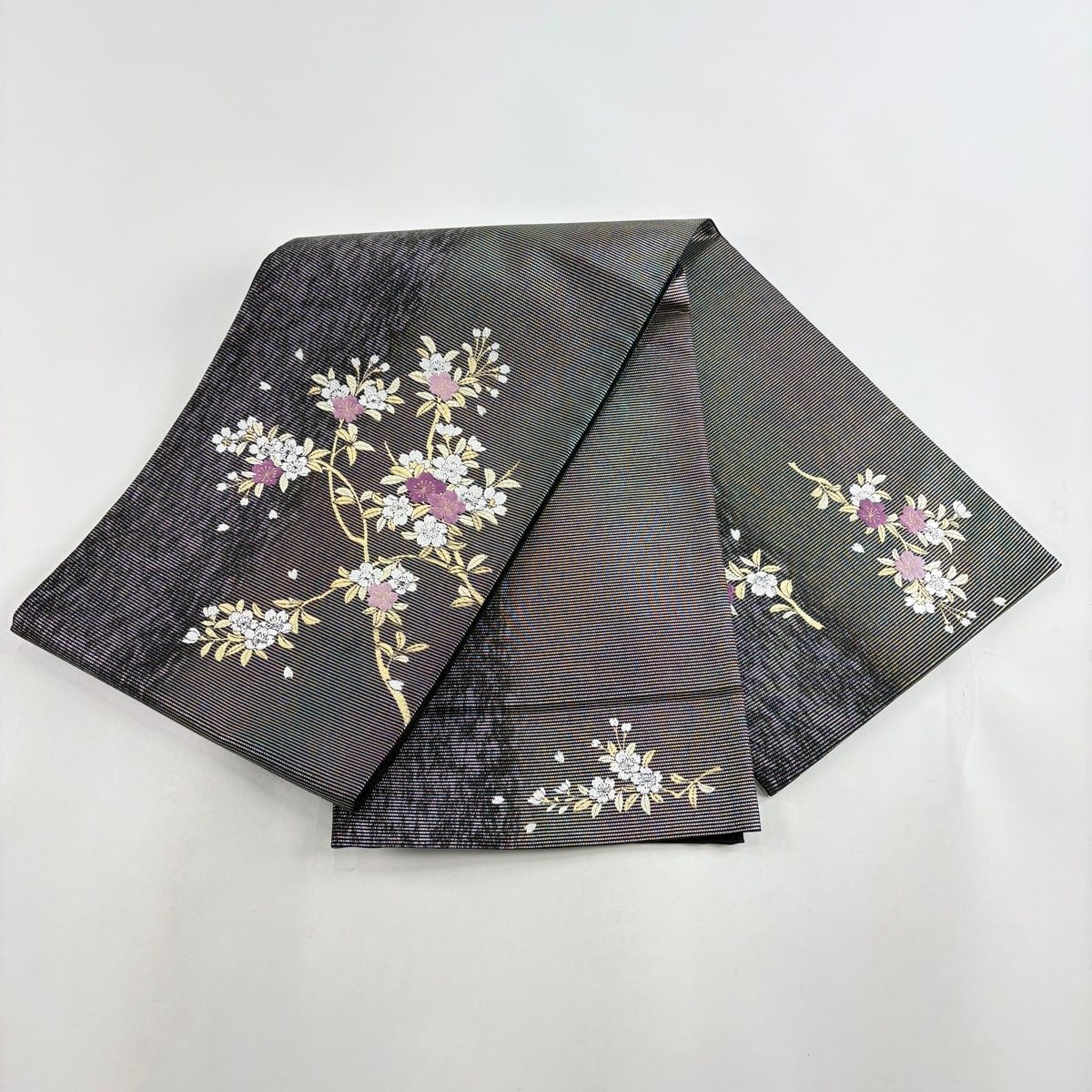 美品】 袋帯 秀品 夏帯 絽 桜 花びら 金銀彩 箔 黒 お太鼓柄 正絹