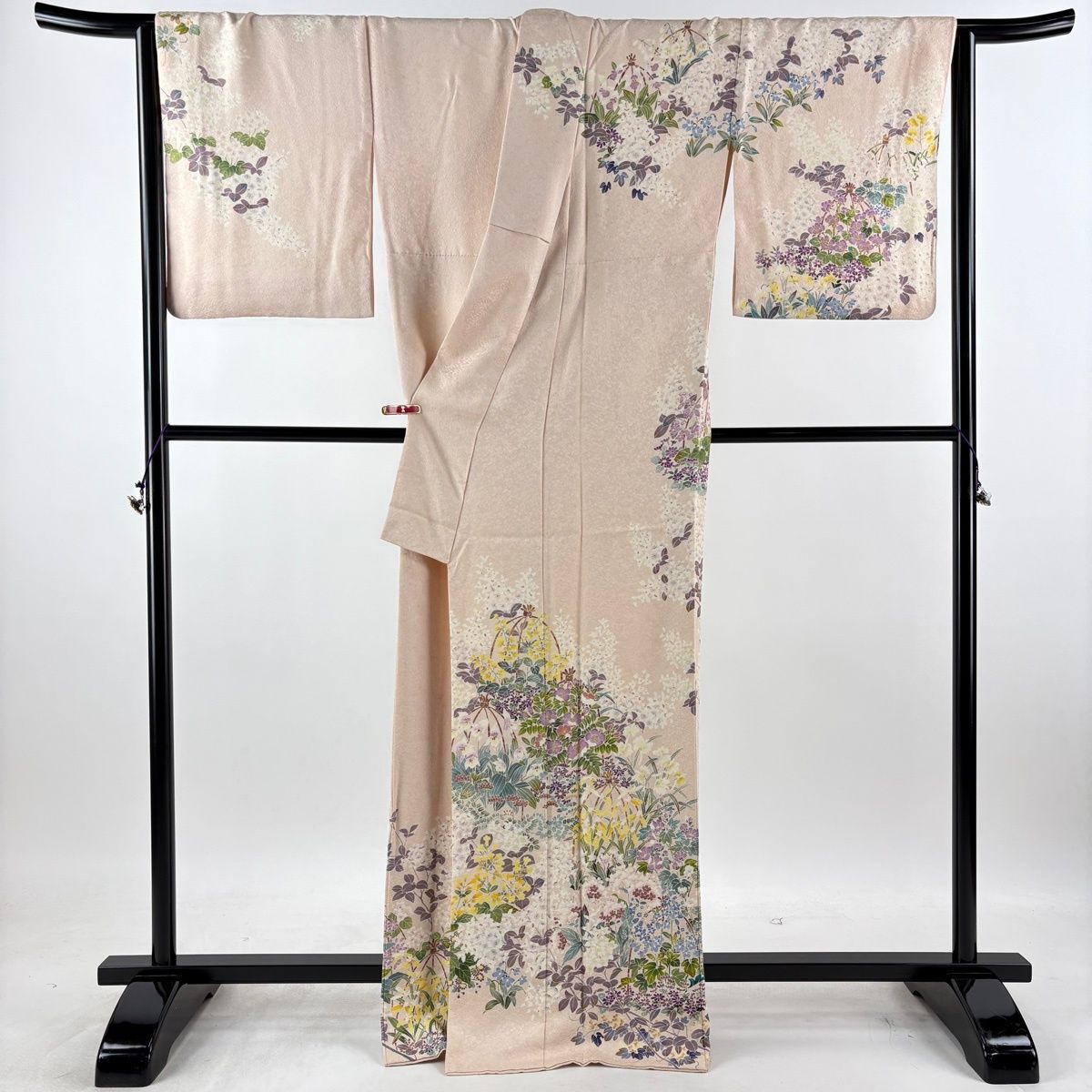 訪問着 身丈167cm 裄丈66cm M 袷 草花 枝花 薄ピンク 正絹 逸品 【中古