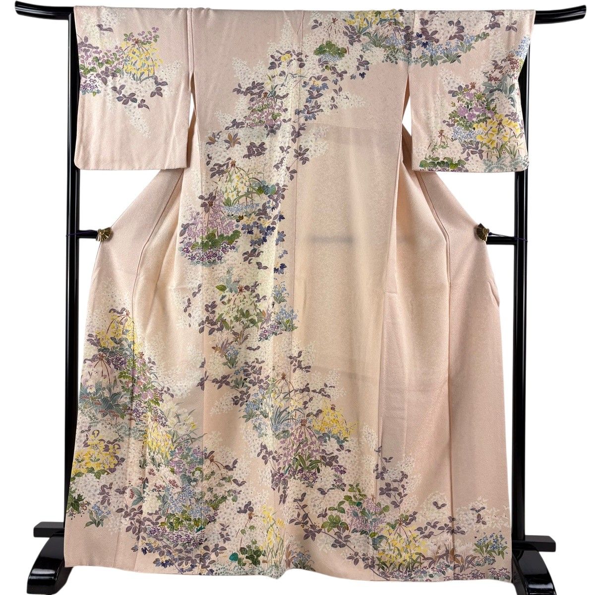 訪問着 身丈167cm 裄丈66cm M 袷 草花 枝花 薄ピンク 正絹 逸品 【中古