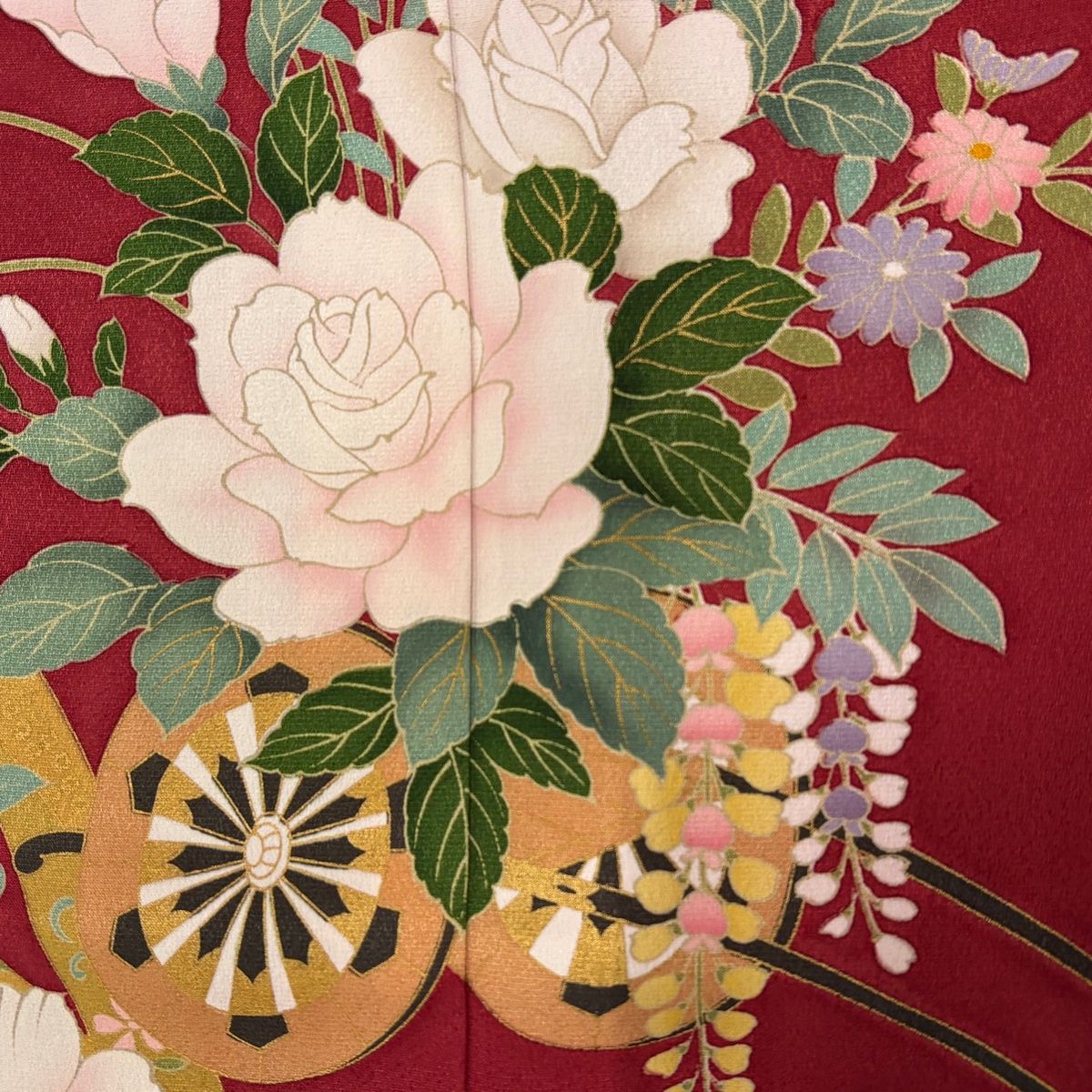 美品】 振袖 身丈168cm 裄丈67cm M 袷 袋帯フルセット 花車 草花 金彩 
