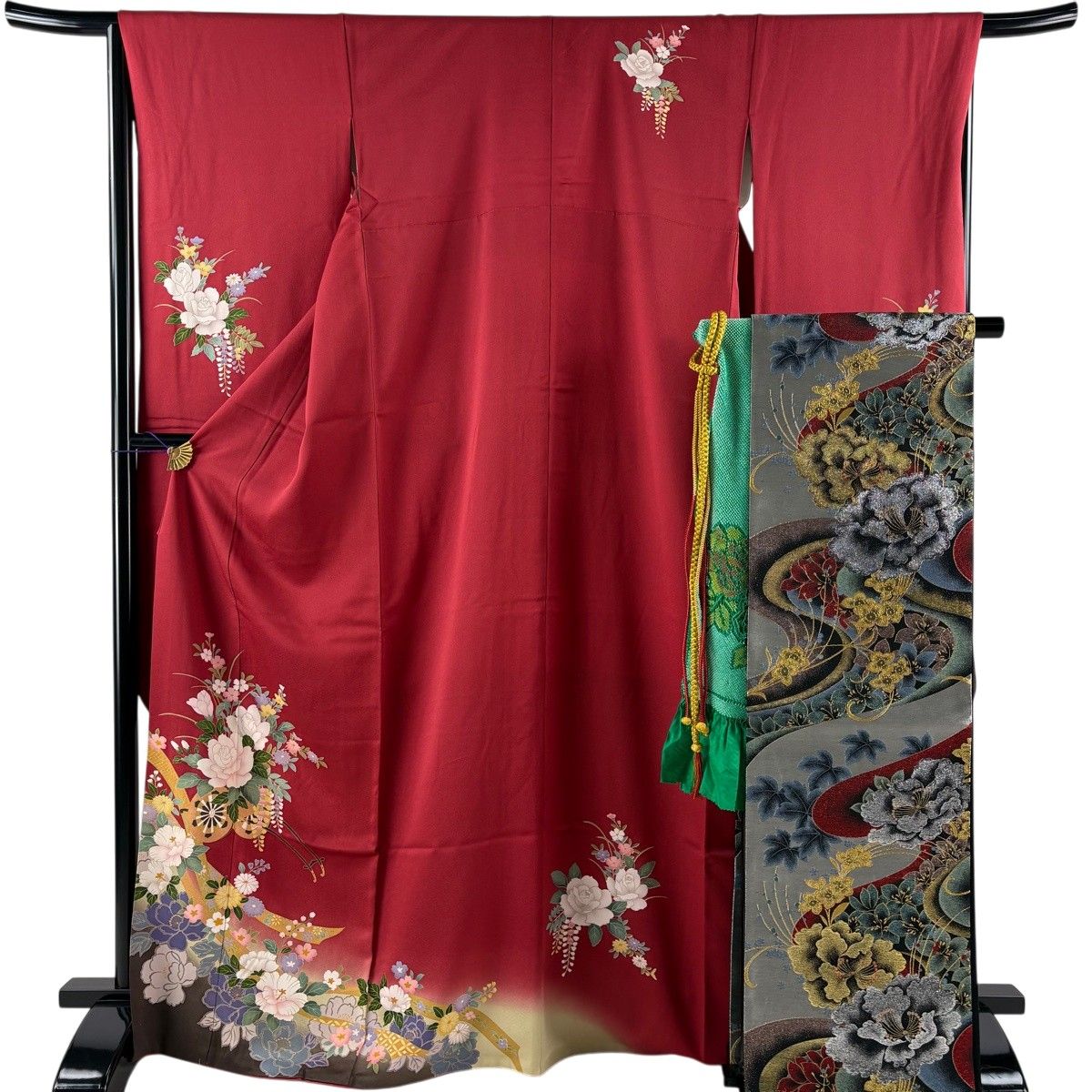 美品】 振袖 身丈168cm 裄丈67cm M 袷 袋帯フルセット 花車 草花 金彩