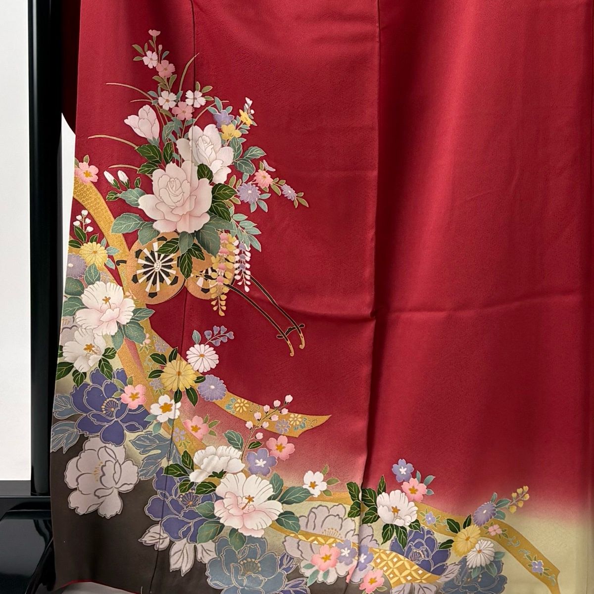 美品】 振袖 身丈168cm 裄丈67cm M 袷 袋帯フルセット 花車 草花 金彩