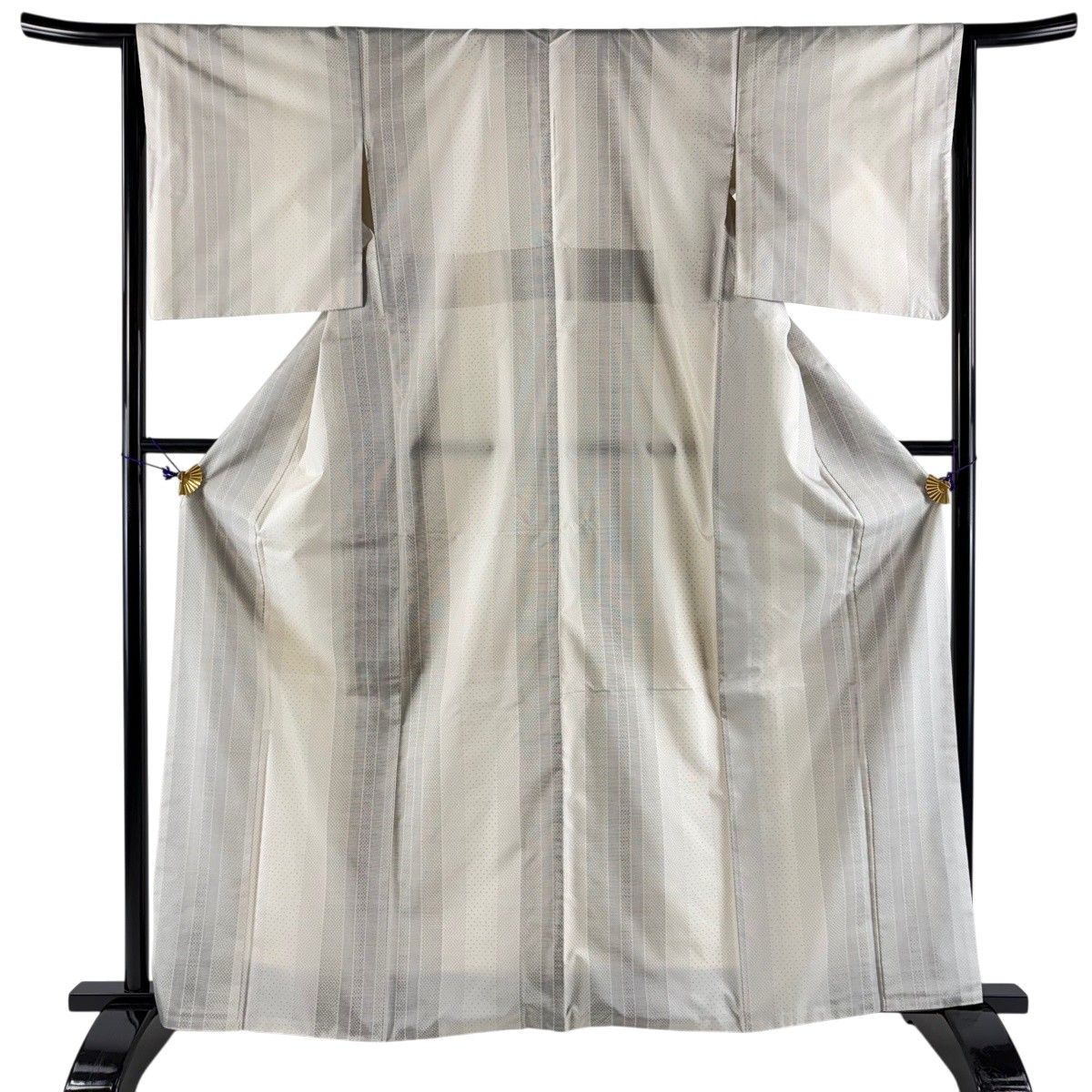 紬 身丈163cm 裄丈64.5cm M 袷 縦縞 絣柄 クリーム 正絹 名品 【中古】