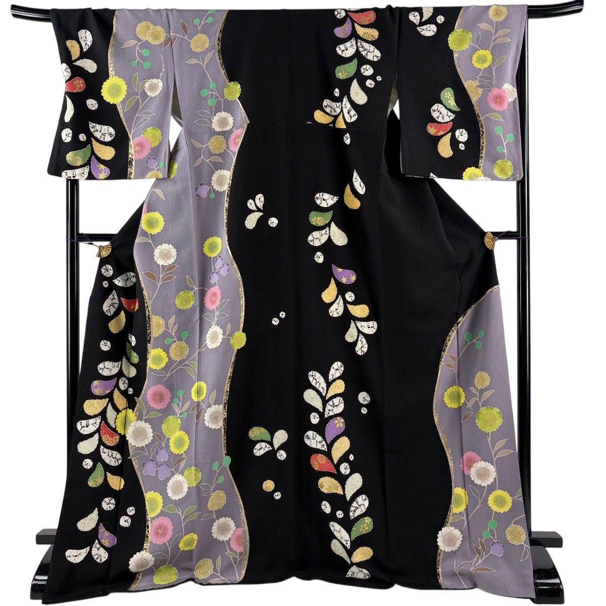 訪問着 身丈173cm 裄丈71cm L 袷 桜 葉柄 金彩 黒 正絹 名品 【中古