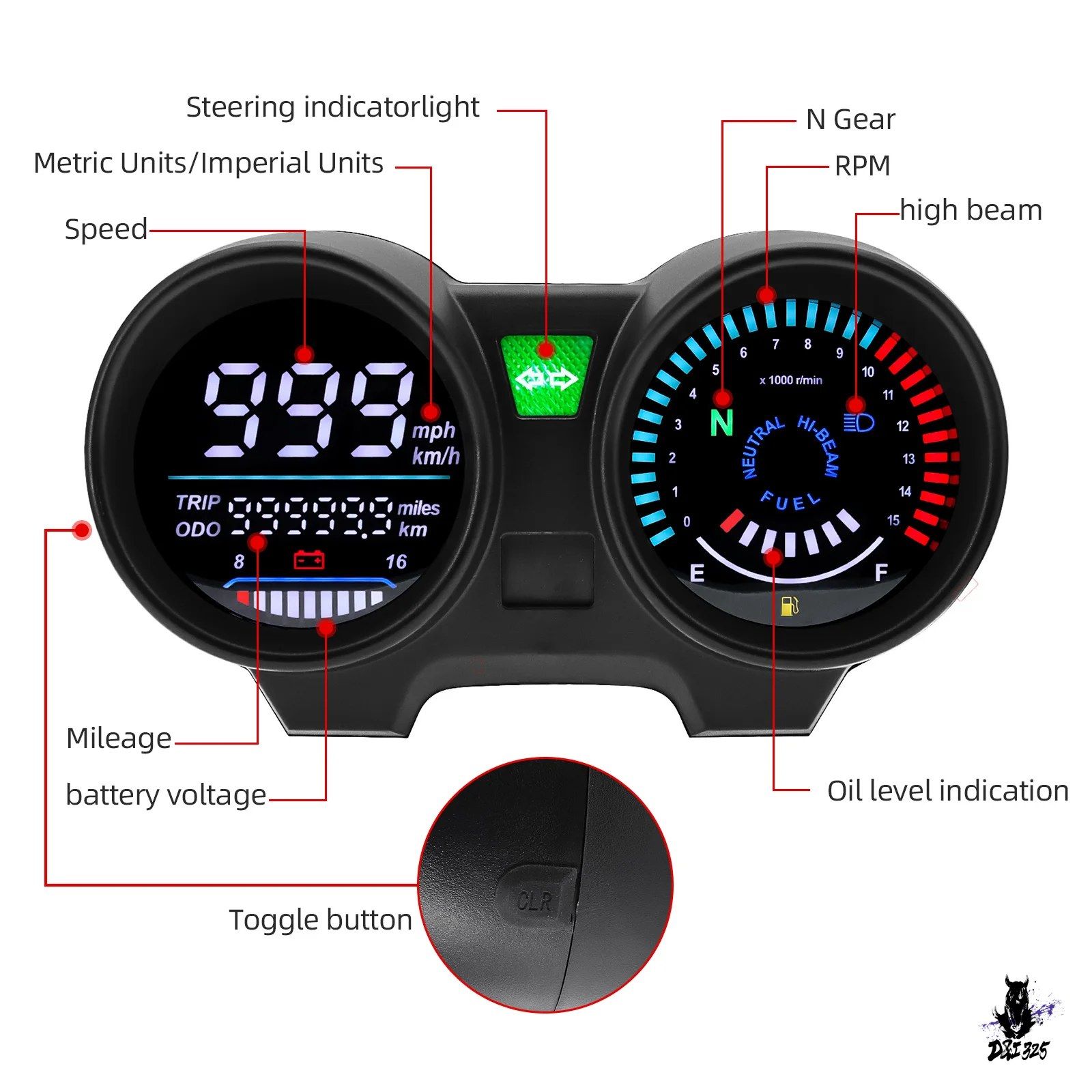 ユニバーサル デジタルスピードメーター バイク LCD 走行距離計 タコメーター 15000rpm