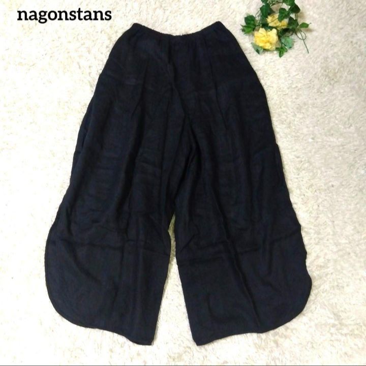 ナゴンスタンス　nagonstans　リネン100%　ワイドイージーパンツ　スリット　麻　ブラック ゆったり　ウエストゴム　涼しい　春夏