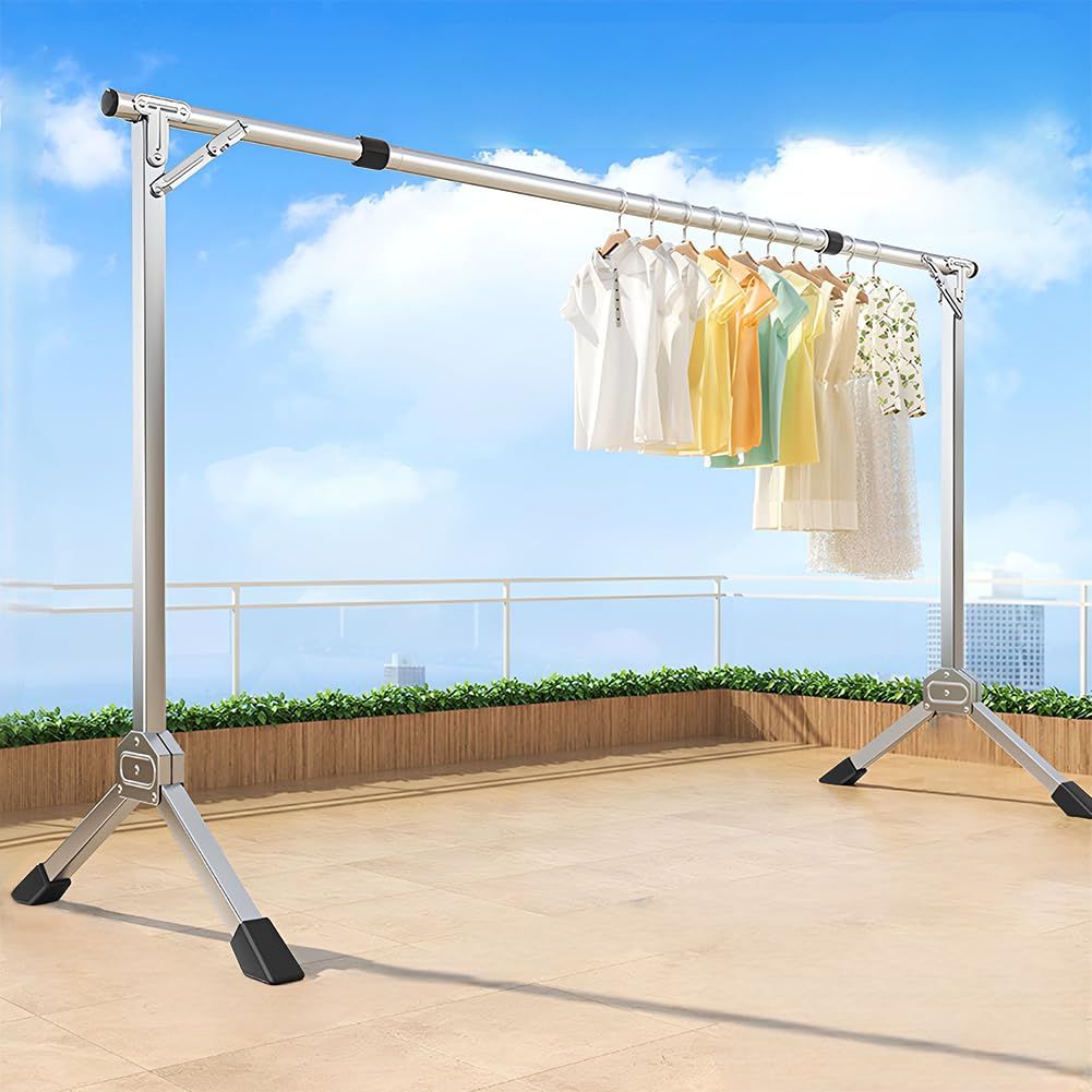ハンガーラック ベランダ 物干し 幅155cm-240cm 伸縮 洋服ラック 大容量収納 安定した三脚ベース おしゃれ メタルラック ハンガー 折りたたみ可能 取付簡単 クローゼット整理・衣類収納 (シルバー)