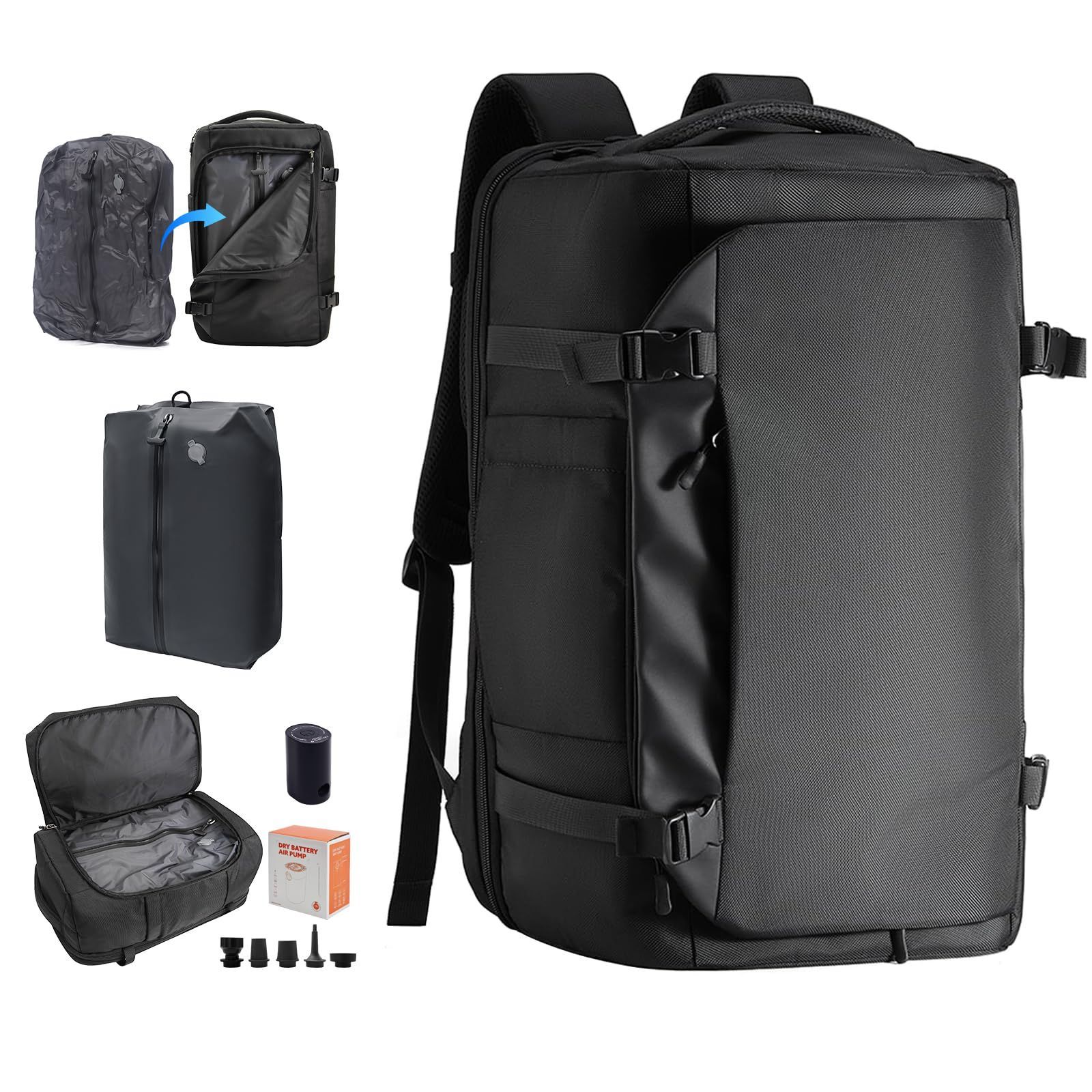 【在庫処分】撥水 15.6-17.3インチPC対応 通勤 多機能 通学 メンズ バックパック トラベル 機内持ち込み 出張 40-60L ビジネス 大容量 リュックサック 黒 旅行 真空圧縮バッグ付き 真空圧縮リュック 真空ポンプ付き ビジネスリュック