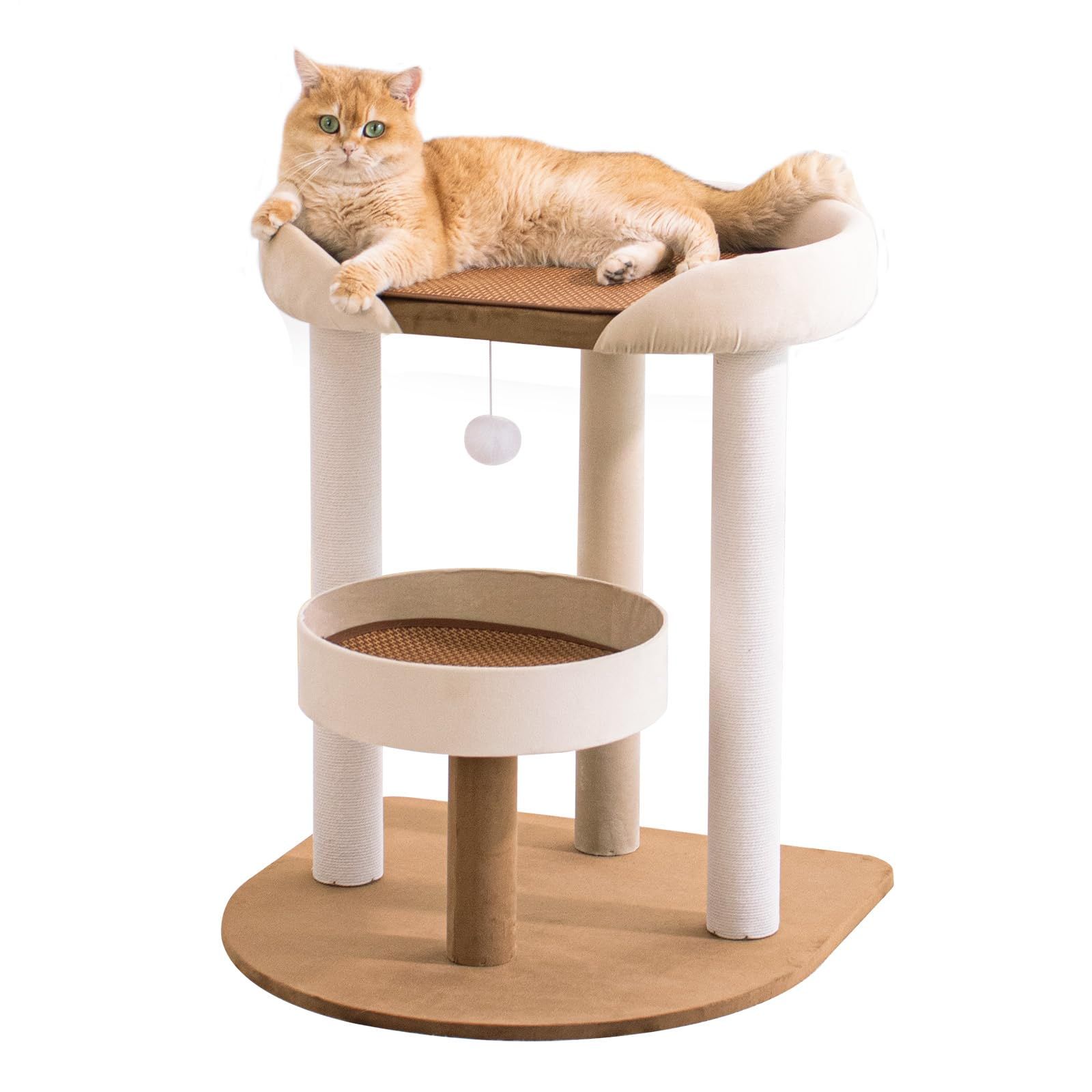 LULUCAT キャットタワー クッション入りベッド オシャレ 特大土台 据え置き 多頭飼い コンパクト シニア猫 大型猫 短足猫 低い 夏用 涼しいゴザ付き 安定感 低め インテリア性 転倒防止 猫 人気 シンプル 麻生地 リネン生地張り 展望台 猫ベッド