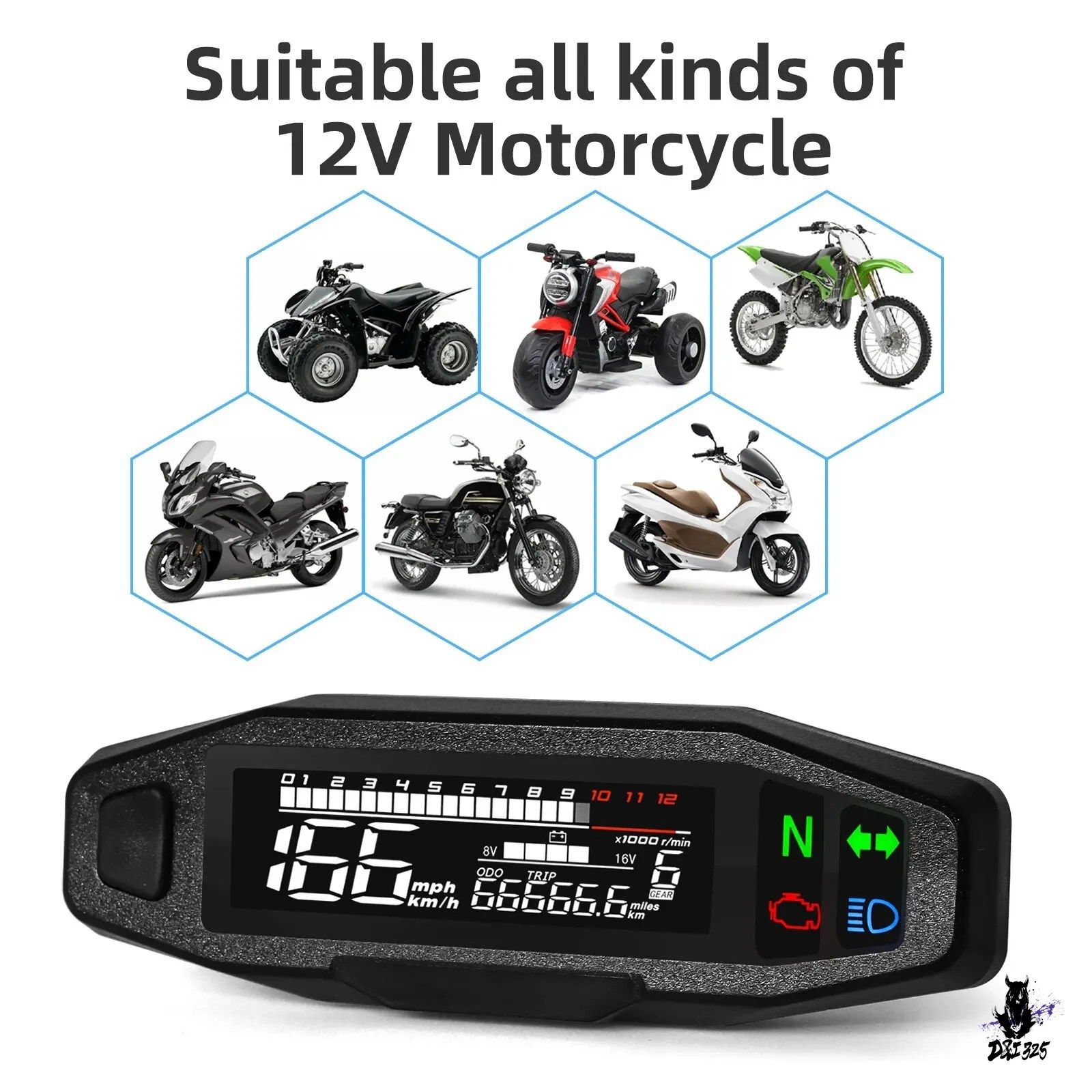 デジタルスピードメーター タコメーター 走行距離計 バイク汎用 12000rpm LCD表示