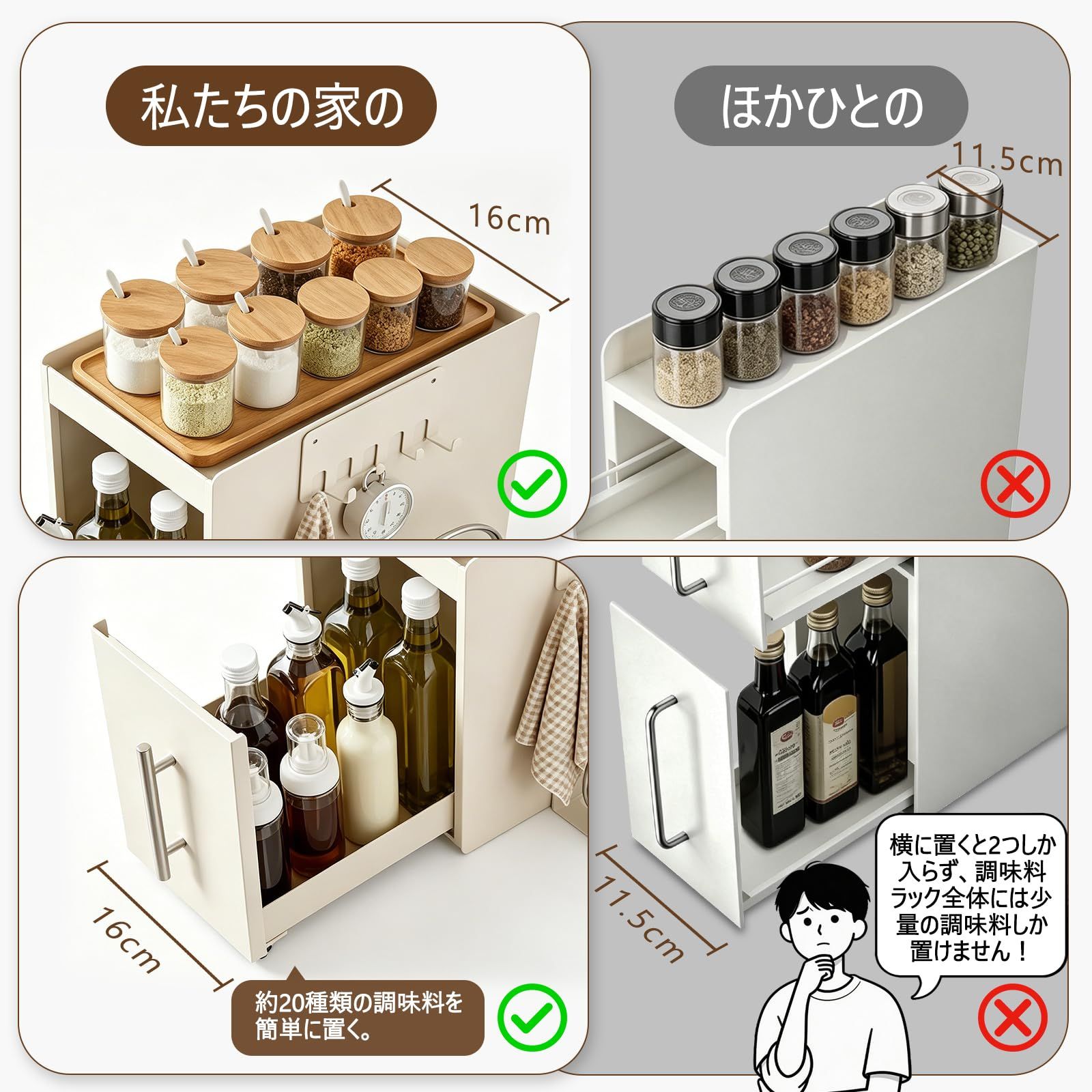 ZOVIRA] 隠せる調味料ラック 扉付き 引き出し式 大容量 スリム コンロ