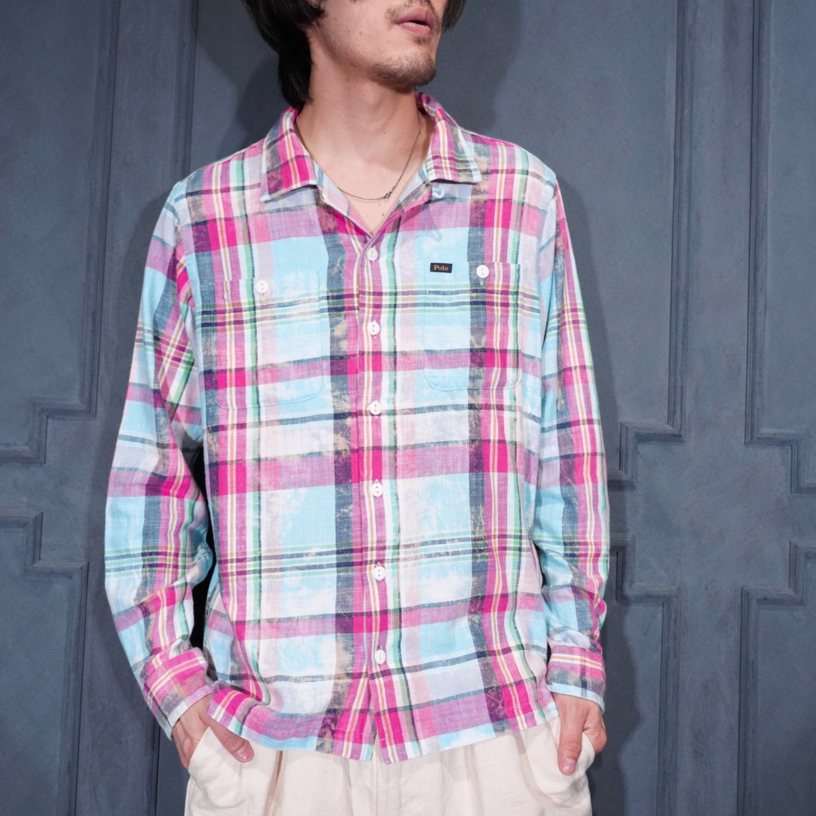 USA VINTAGE POLO RALPH LAUREN FADED CHECK PATTERNED OPEN COLLAR SHIRT/アメリカ古着ポロバイラルフローレンフフェードチェック柄オープンカラーシャツ