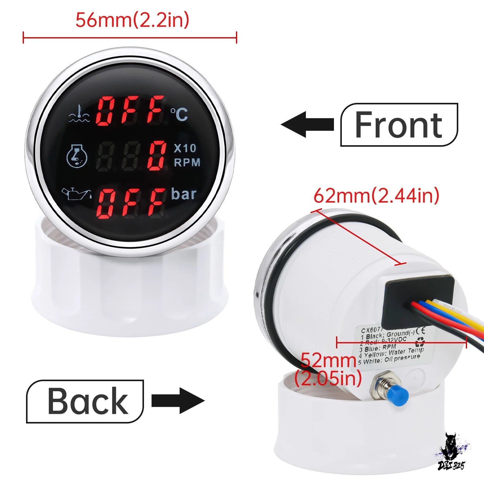 3in1デジタルカーゲージ 52mm タコメーター 油圧計 水温計 アラーム付き