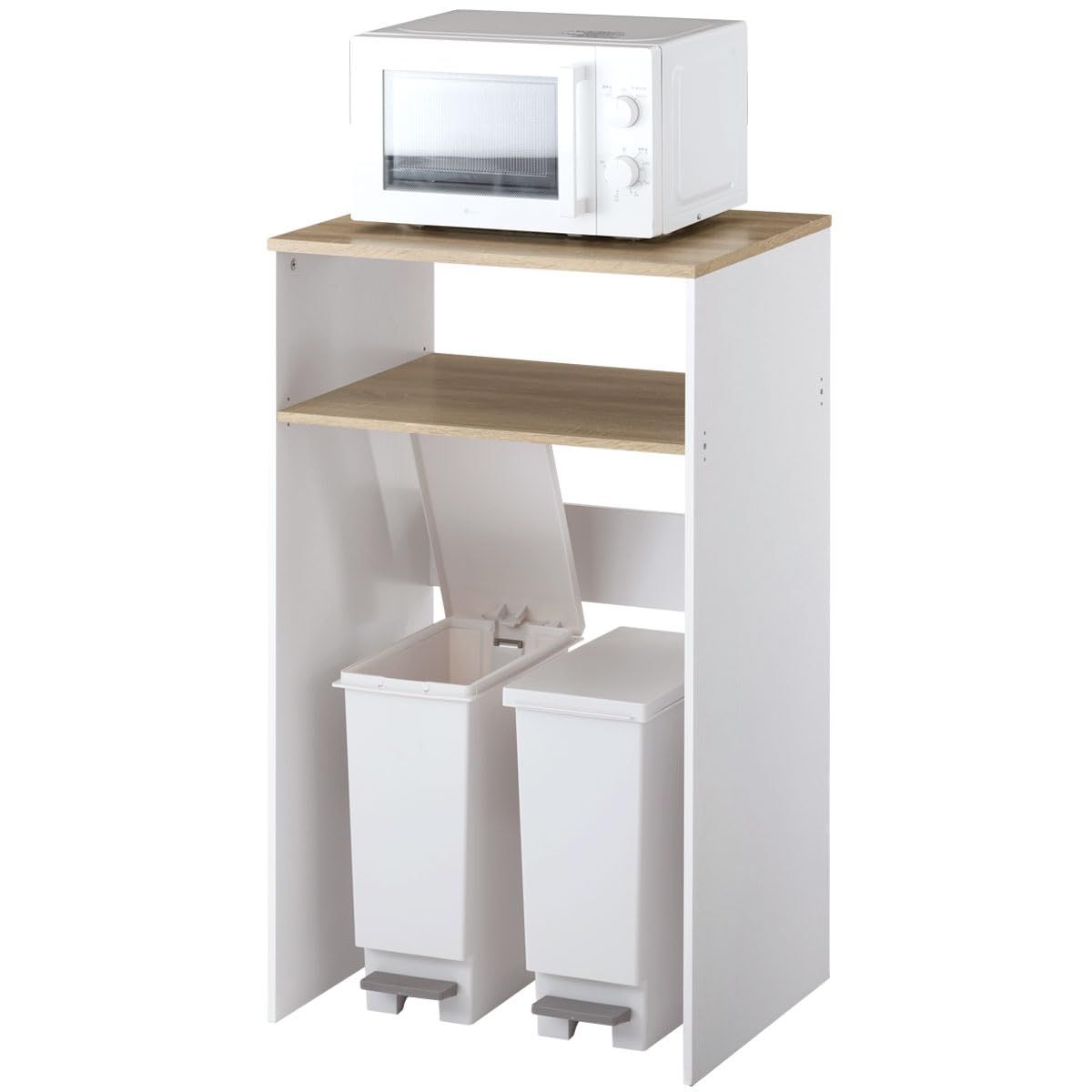 ぼん家具 ゴミ箱上ラック レンジ台 キ??チンラック 幅60.2×奥行45.1×高さ100.1cm 可動棚 レンジラック 耐荷重20kg オークホワイト