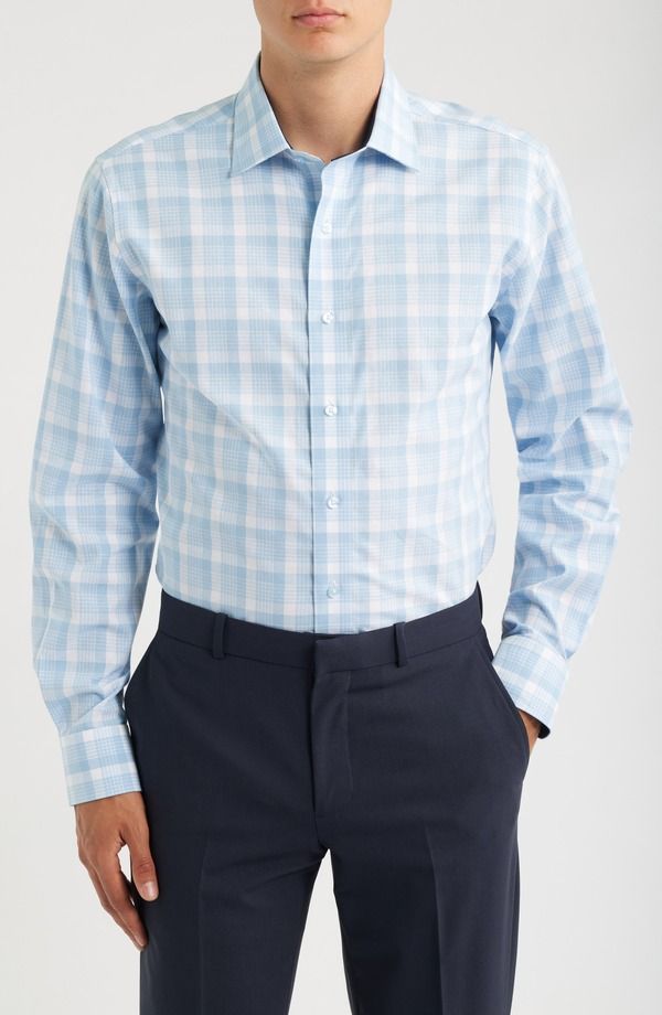 ロレンゾウオモ メンズ トップス シャツ コットン Lorenzo Uomo Trim Fit Plaid Check Cotton Dresshirt Light Blue ブルー