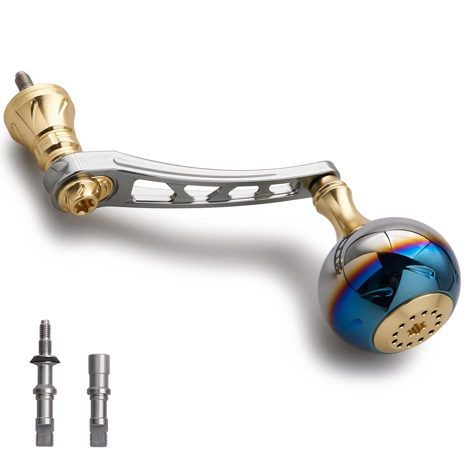 新品 HEIGHTEN 65-70mm可変 リール ハンドル 38mm ノブ搭載 シマノ(Shimano) ダイワ(Daiwa) 通用 スピニングリール 用 Aurora Series (ガンメタル＆ゴールド) (1147)